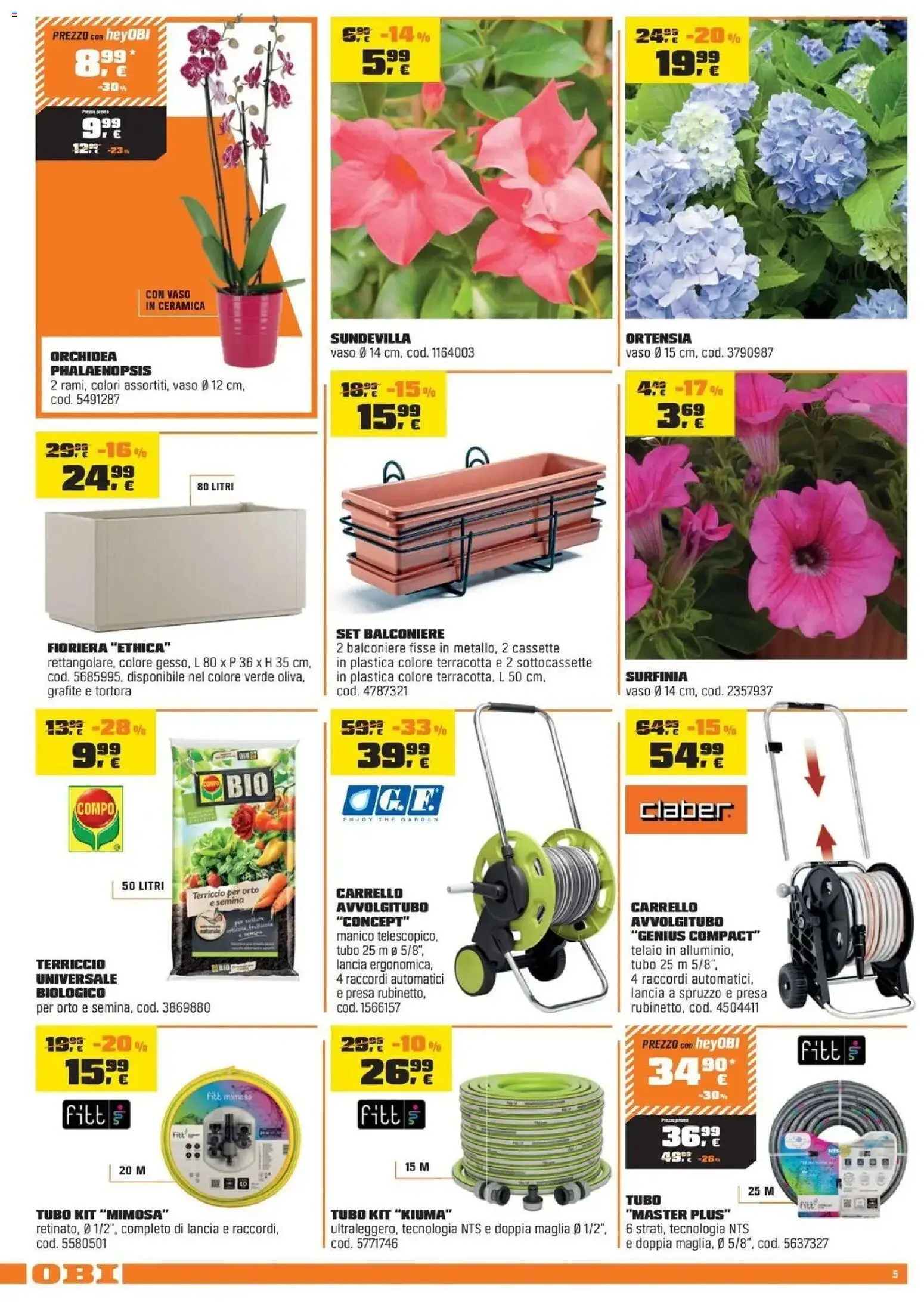 Volantino OBI del 03.04.2026 | Pagina: 5 | Prodotti: Tubo, Carrello, Fioriera, Vaso