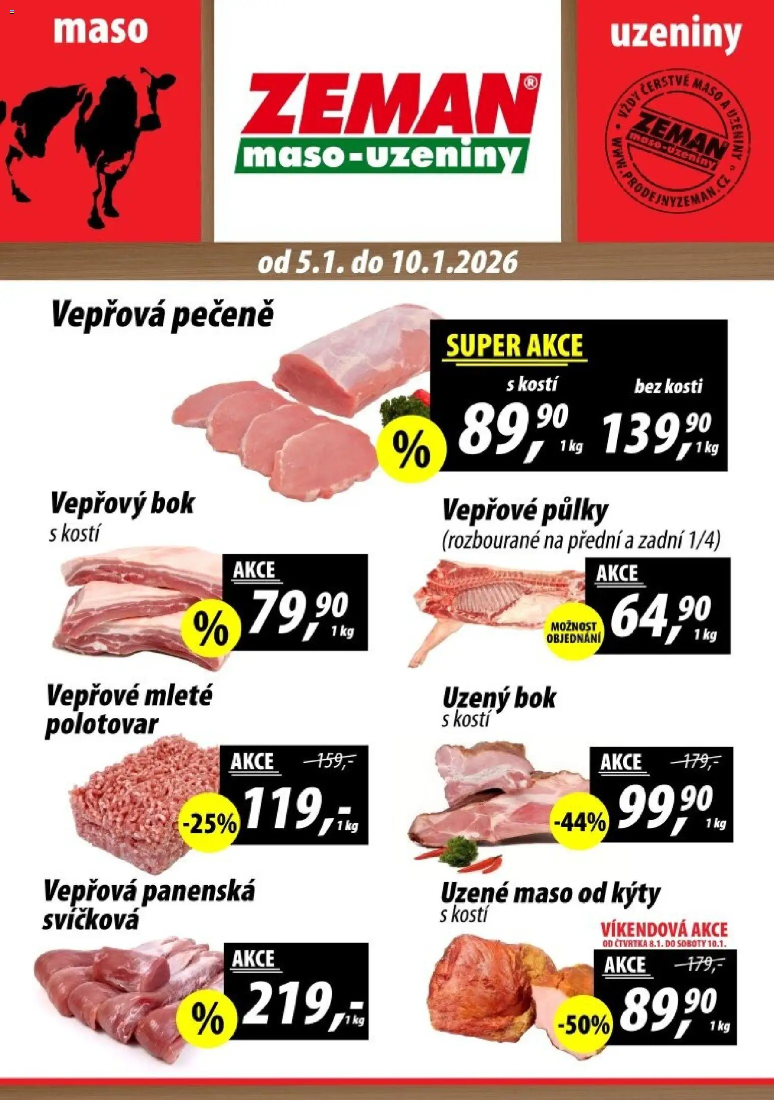 Prodejny Zeman leták - Dačice od 05.01.2026 | Strana: 1 | Produkty: Vepřová pečeně, Vepřový bok, Vepřové půlky, Maso