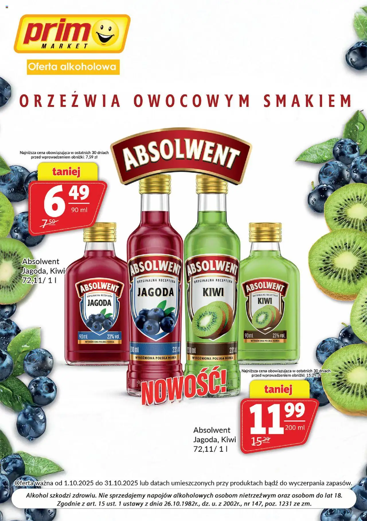 Prim Market Gazetka - Oferta alkoholowa od 01.10.2025 | Strona: 1 | Produkty: Kiwi, Alkohol