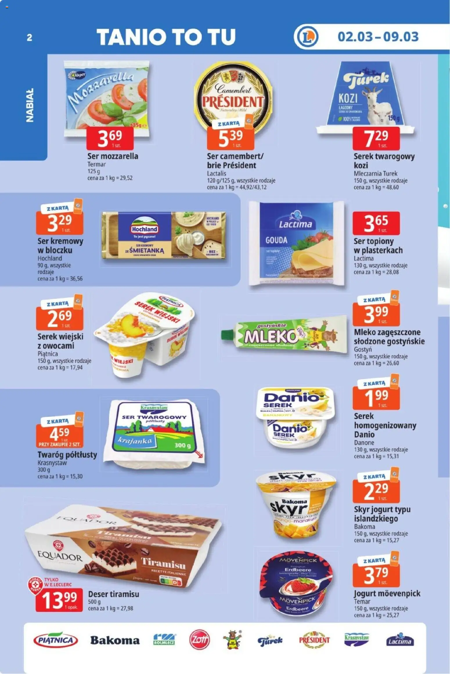 E.Leclerc Gazetka  od 02.03.2026 | Strona: 2 | Produkty: Ser topiony, Camembert, Serek wiejski, Twaróg