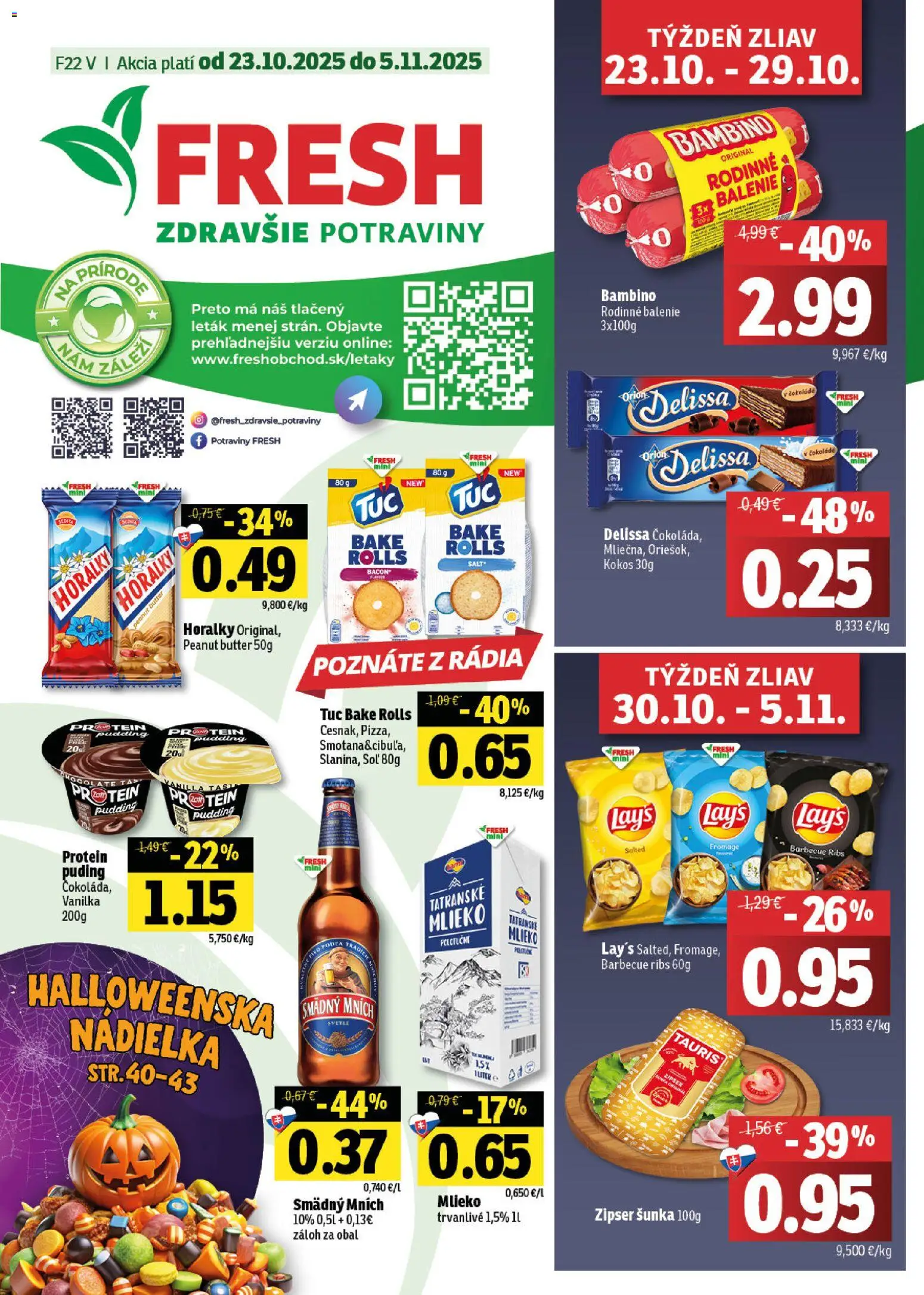 Nové Fresh akcie – leták je platný od 23.10.2025 | Strana: 1 | Produkty: Šunka, Protein, Puding, Horálky