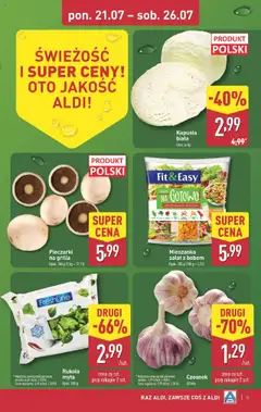 Aldi Gazetka od 21.07.2025 | Strona: 5 | Produkty: Czosnek, Pieczarki, Rukola, Kapusta biała