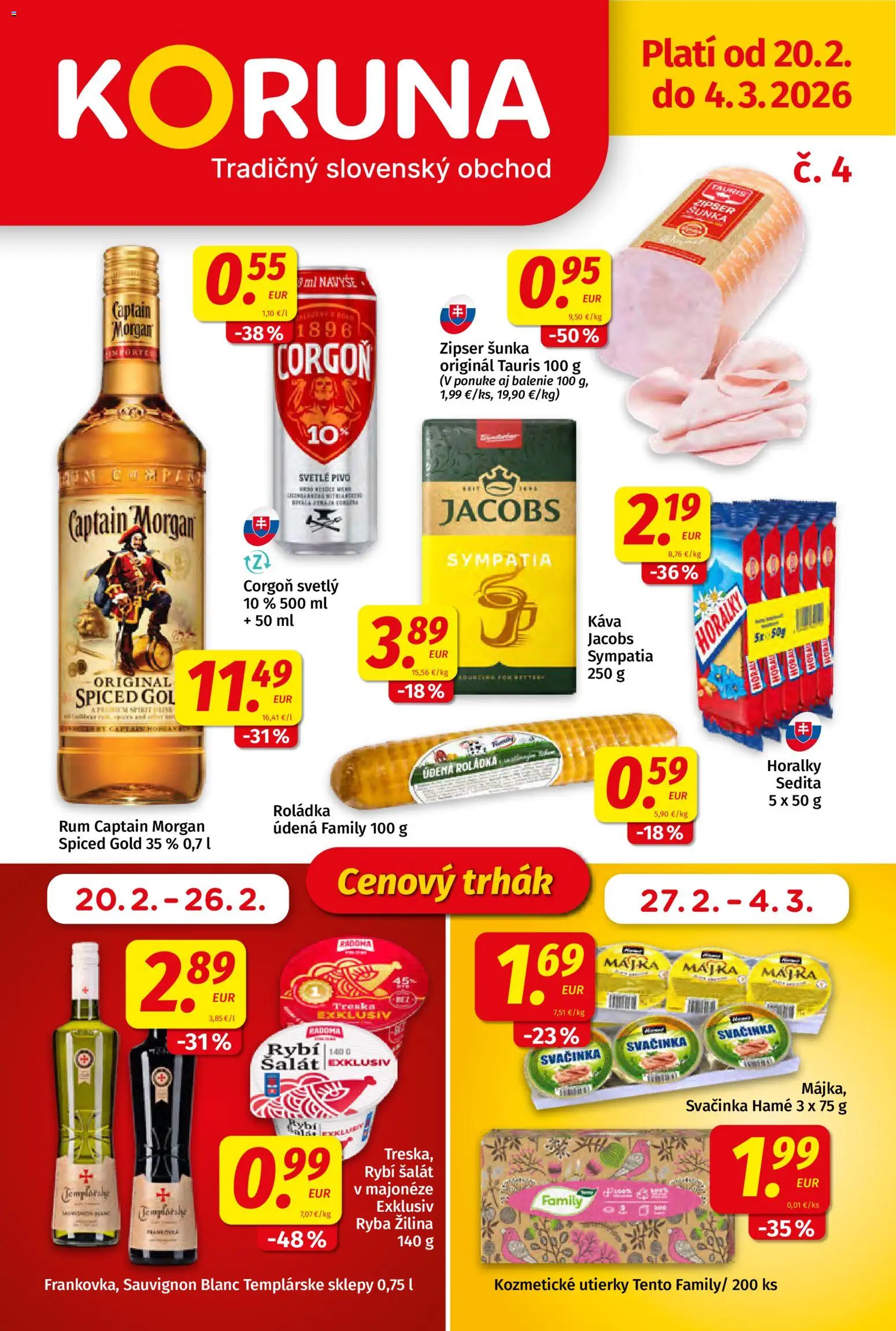 Nové Koruna akcie – leták je platný od 20.02.2026 | Strana: 1 | Produkty: Káva, Ryba, Corgoň, Treska