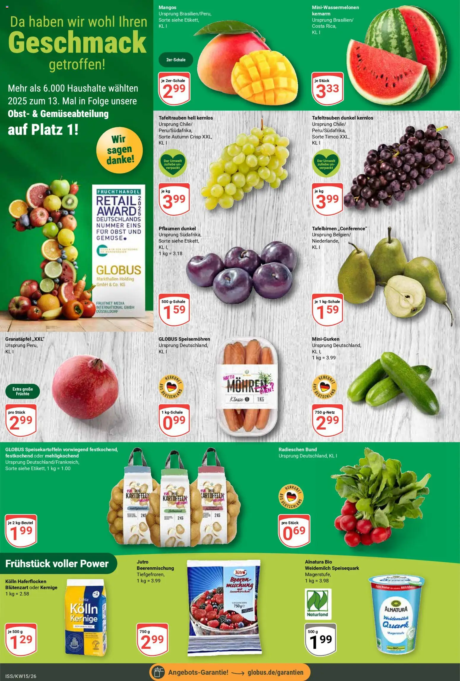 Globus Prospekt 	 – gültig ab 07.04.2026 | Seite: 4 | Produkte: Kolln haferflocken, Granatapfel, Quark, Gemüse