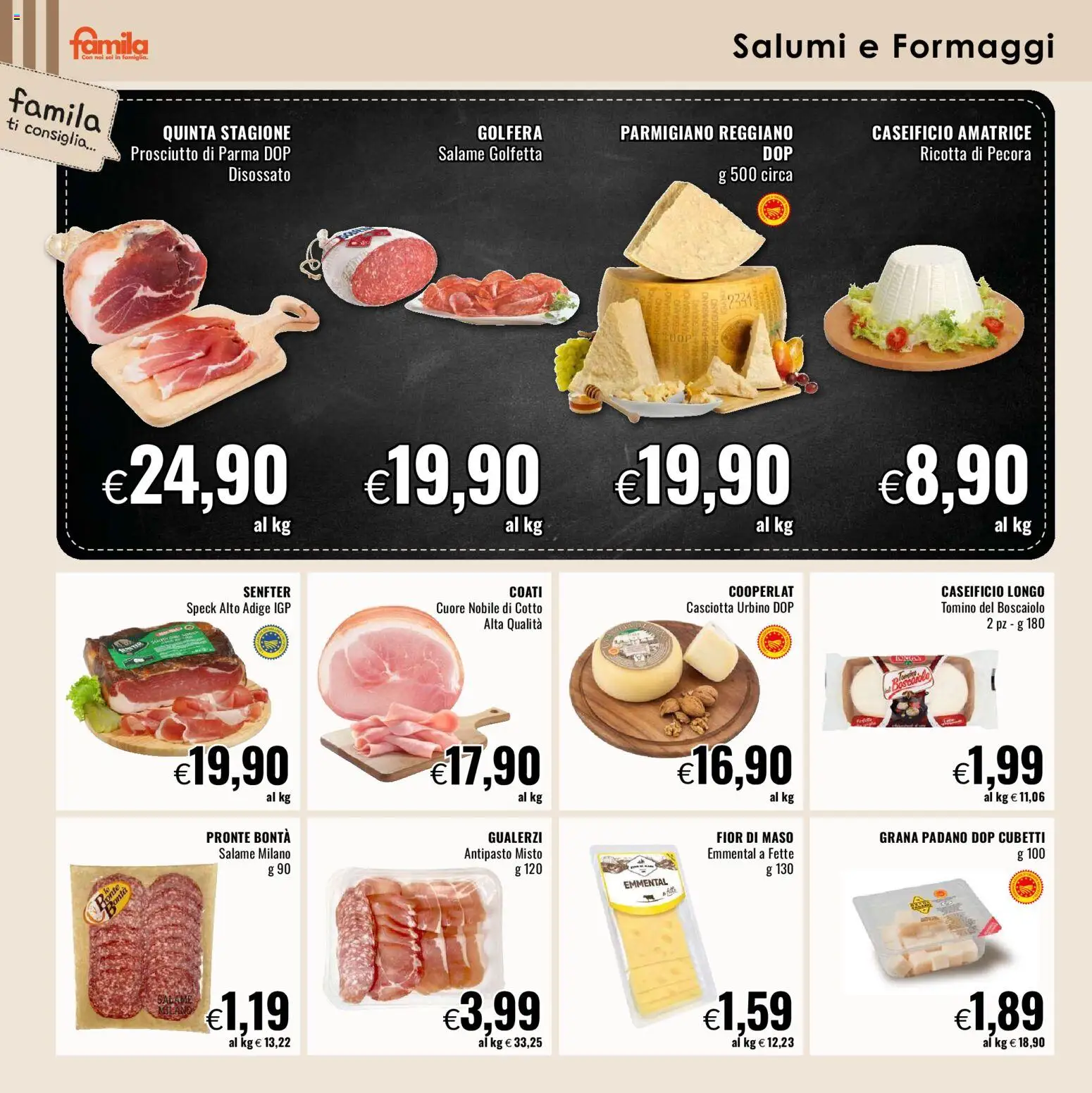 Volantino Famila del 16.03.2026 | Pagina: 4 | Prodotti: Prosciutto di Parma, Salame, Grana Padano, Parmigiano