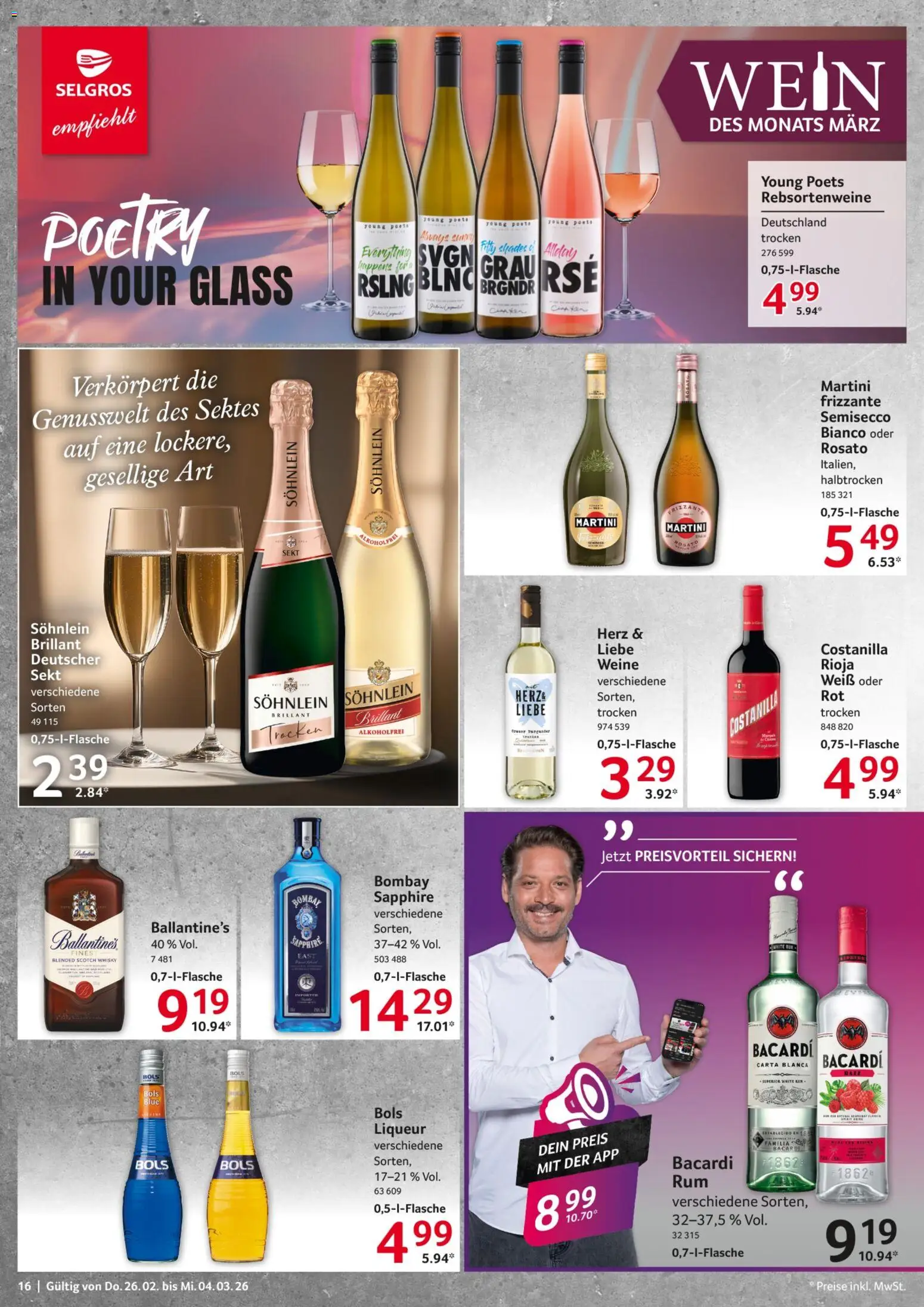 Selgros Prospekt 	 – gültig ab 26.02.2026 | Seite: 16 | Produkte: Bacardi, Whisky, Sekt, Wein