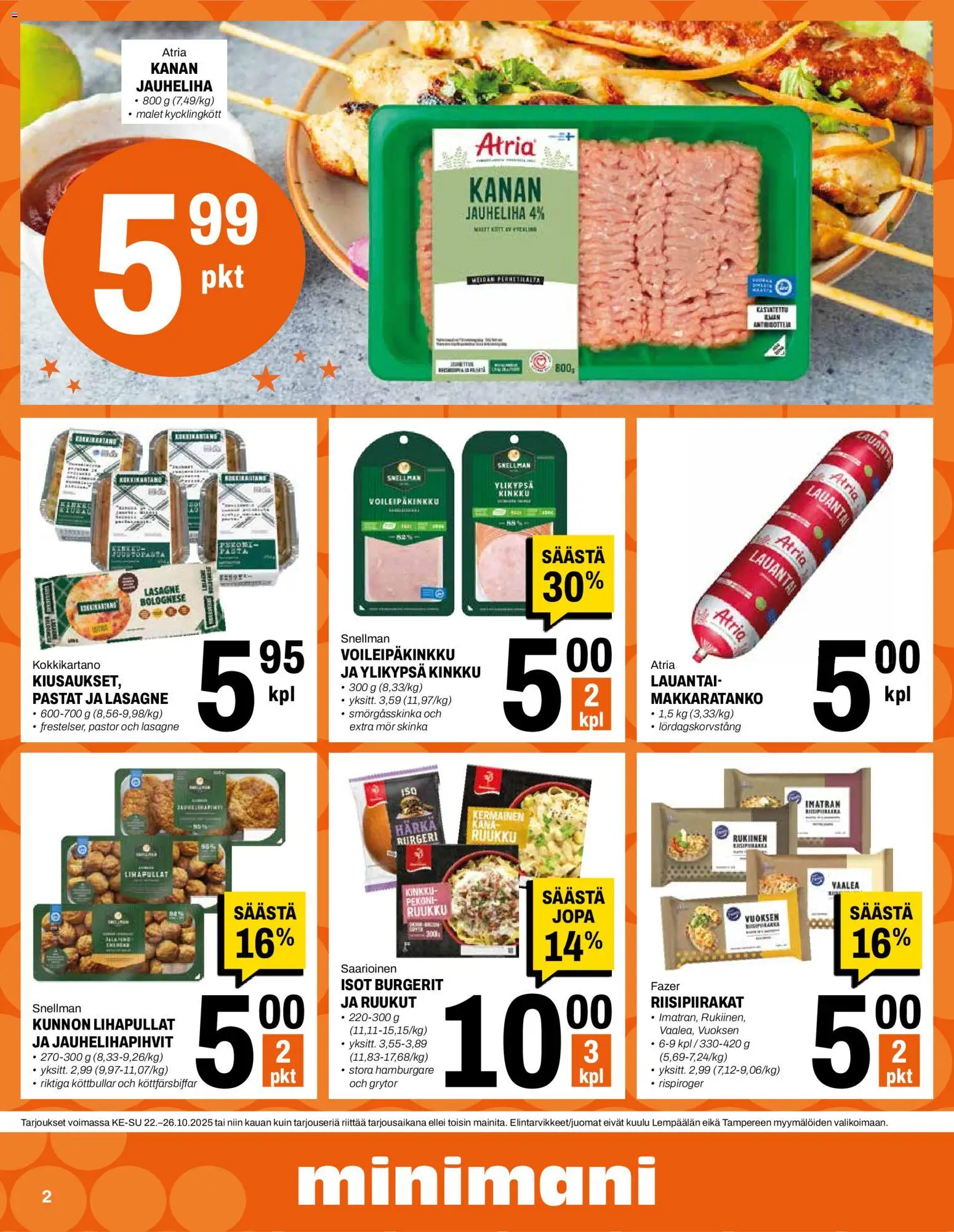Minimani tarjoukset – voimassa 22.10.2025 alkaen | Sivu: 2 | Tuotteet: Jauheliha, Kana, Kinkku, Pasta