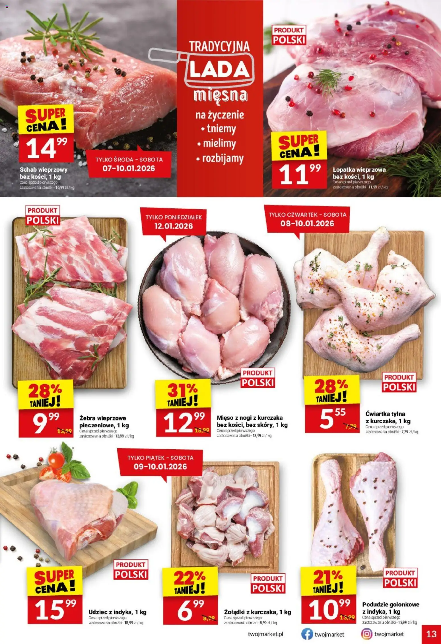 Twój Market Gazetka od 07.01.2026 | Strona: 13 | Produkty: Schab, Mięso, Schab wieprzowy, Łopatka wieprzowa