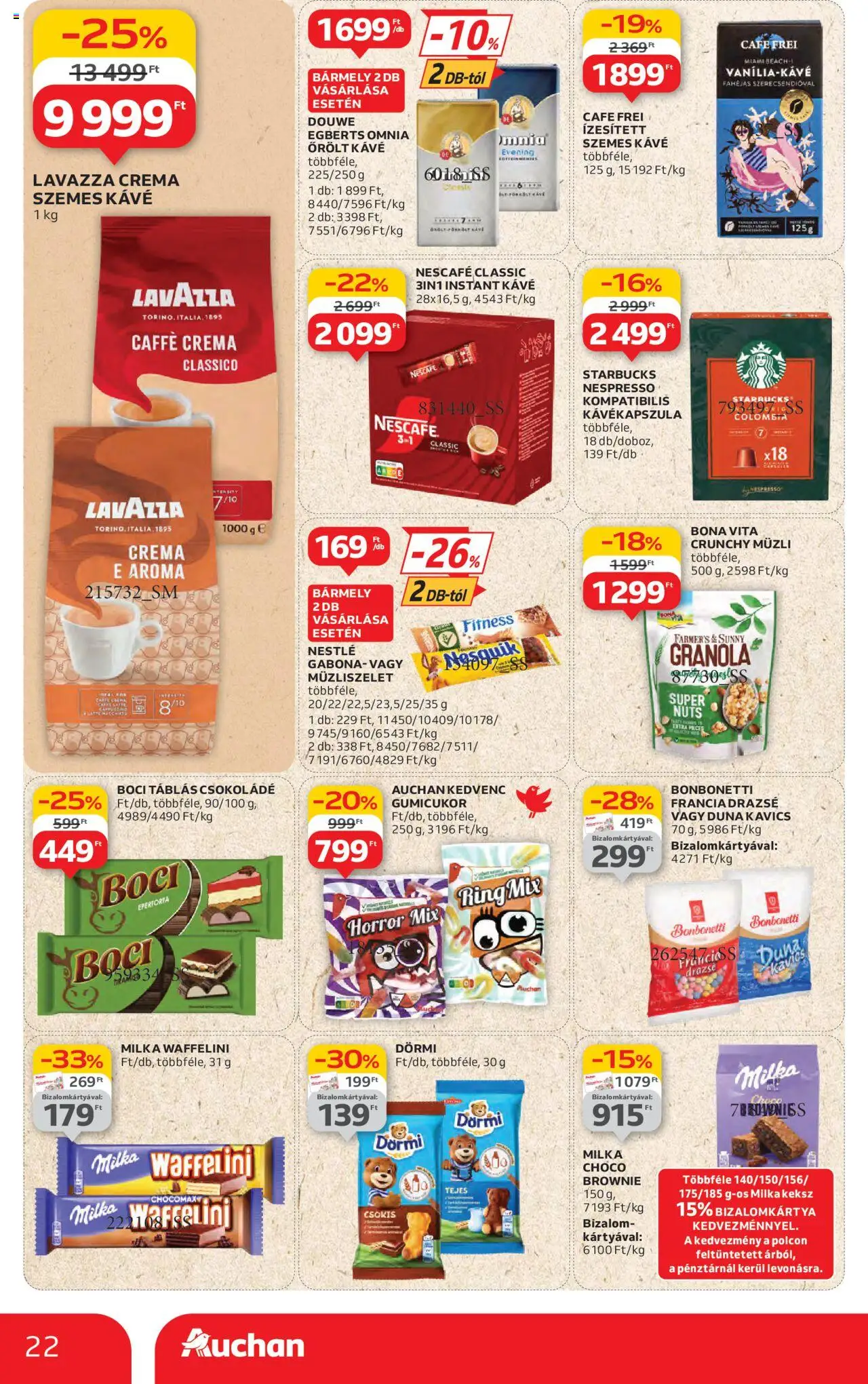 Auchan akciós ujság - amely érvényes a következő dátumtól: 19.06.2025 | Oldal: 22 | Termékek: Kávékapszula, Waffelini, Gumicukor, Brownie
