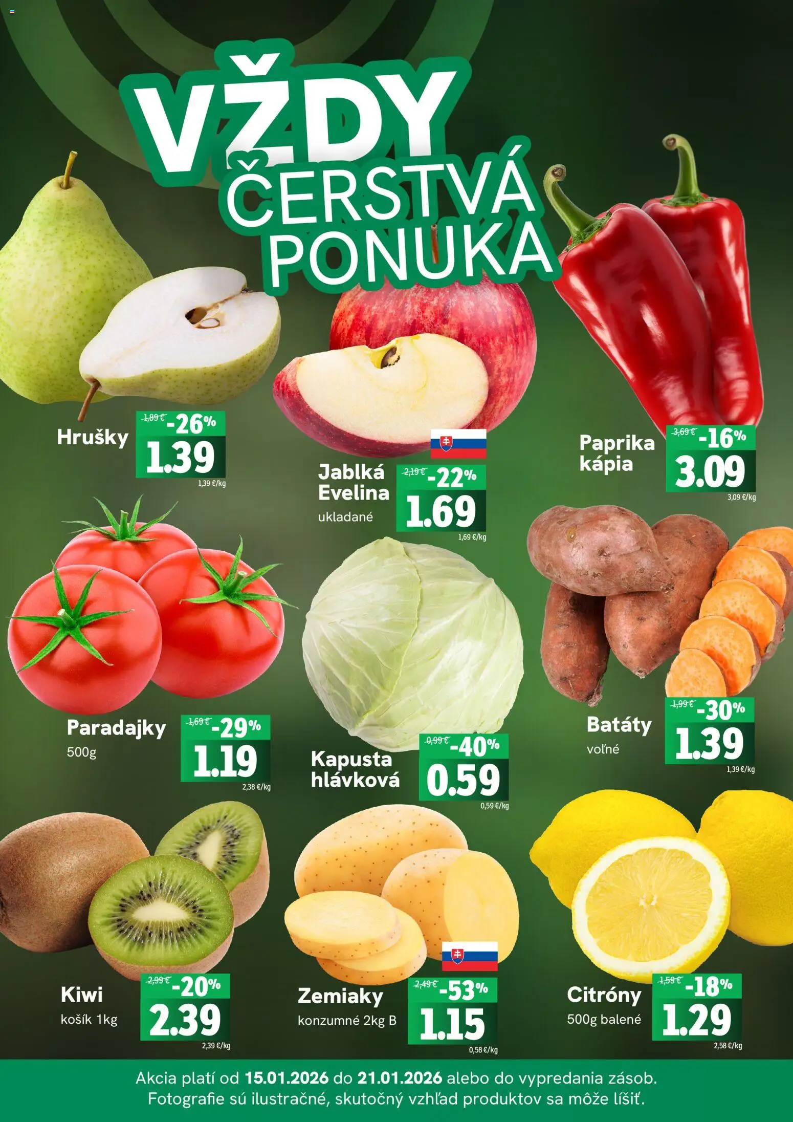 Nové Fresh akcie – leták je platný od 15.01.2026 | Strana: 3 | Produkty: Paprika, Kapusta, Citróny, Hrušky
