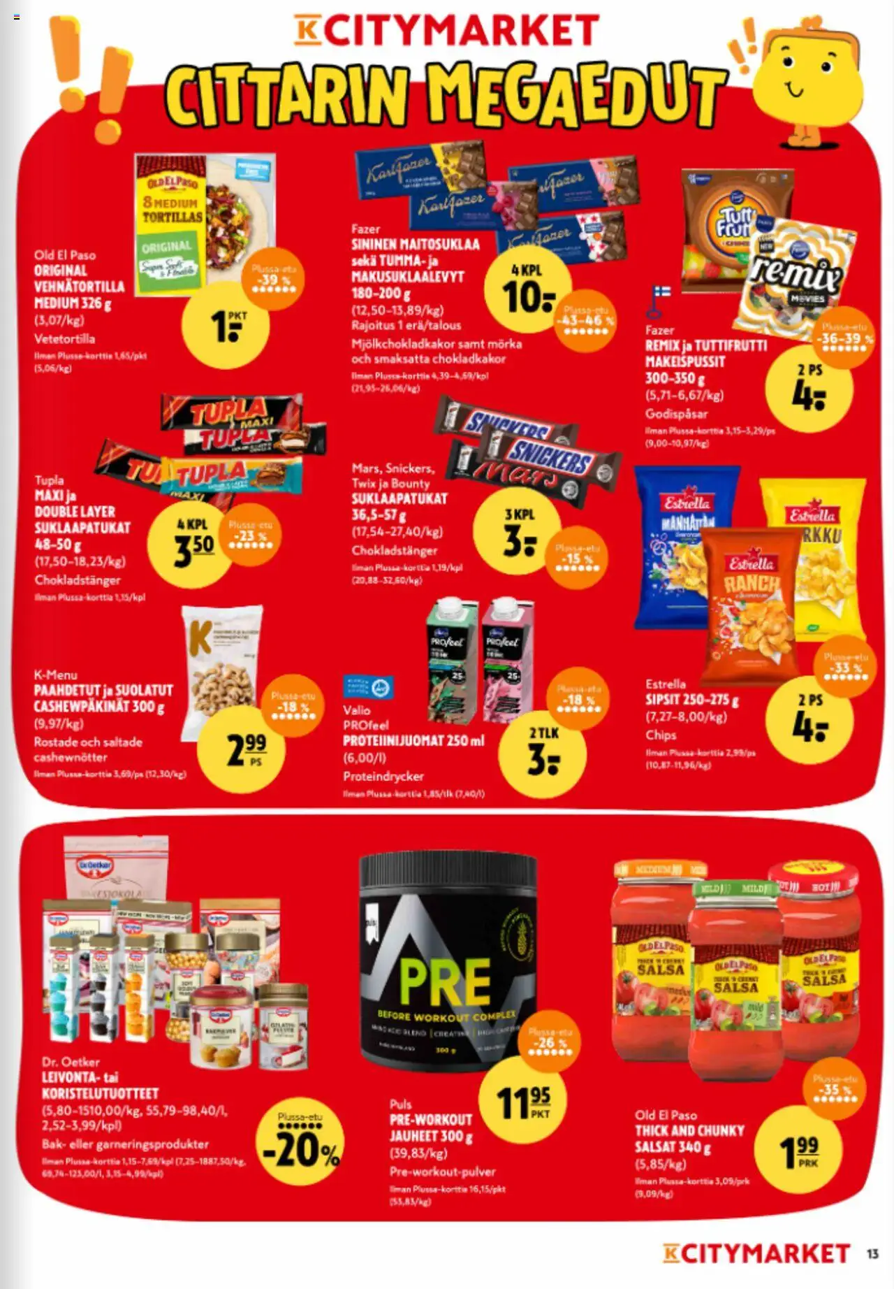 K-Citymarket tarjoukset – voimassa 11.09.2025 alkaen | Sivu: 13 | Tuotteet: Makeispussit, Salsa, Suklaapatukat, Tuttifrutti