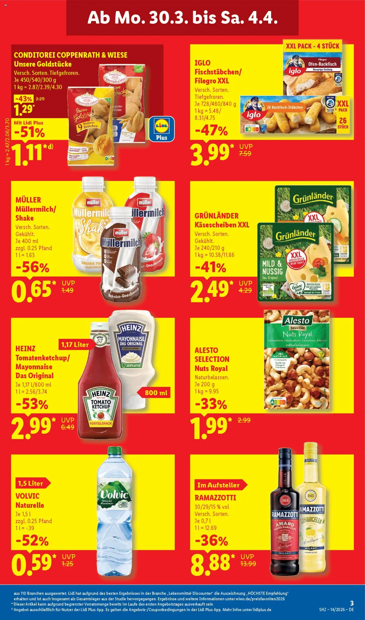 Lidl Prospekt – gültig ab 30.03.2026 | Seite: 3 | Produkte: Iglo, Müllermilch, Volvic, Ramazzotti