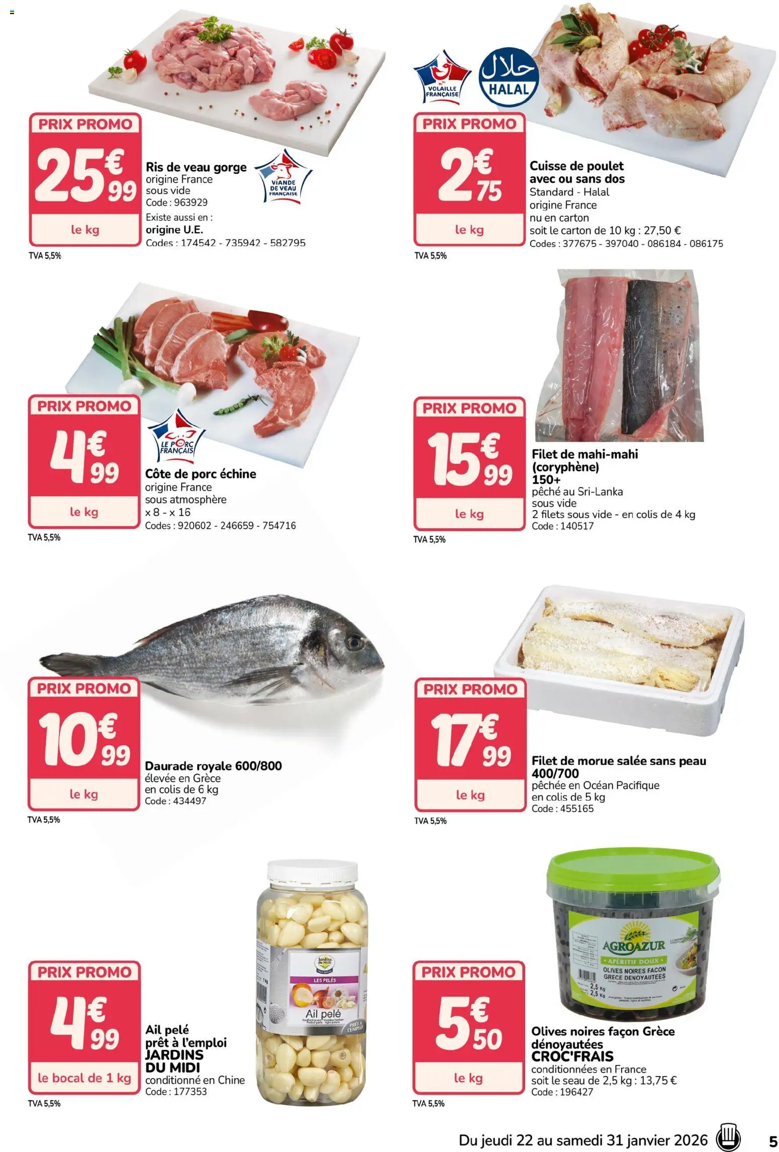{H1} | Page: 5 | Produits: Ail, Daurade, Filet de morue salée, Viande