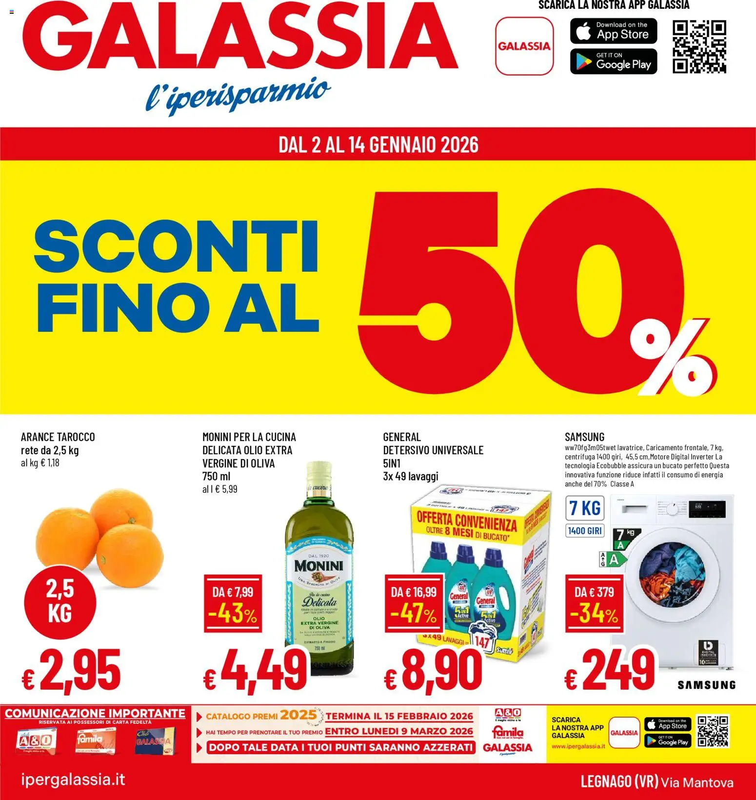 Volantino Galassia del 02.01.2026 | Pagina: 1 | Prodotti: Arance, Centrifuga, Data, Samsung