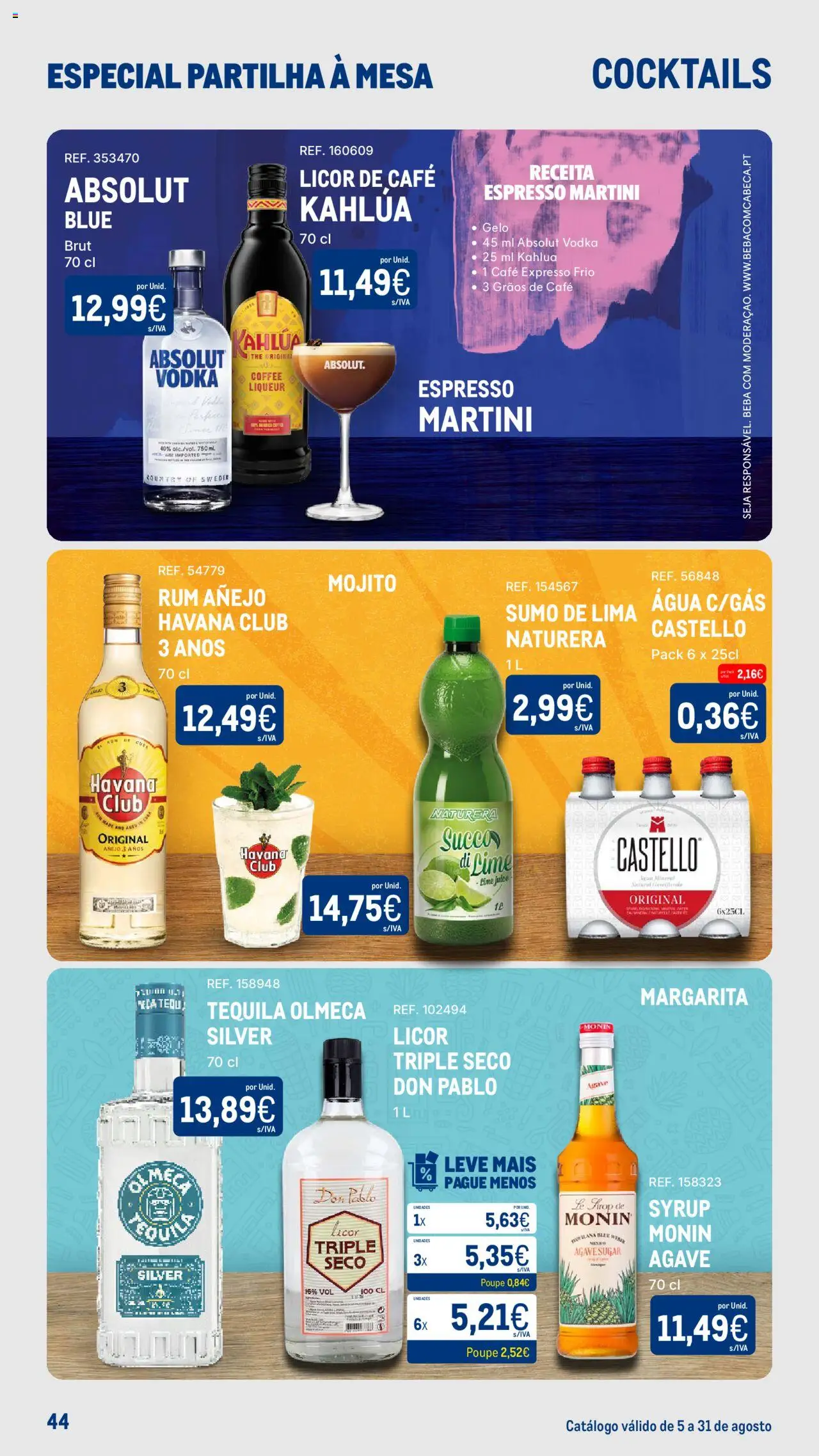 Makro - Especial Partilha à Mesa │ válido de 05.08.2025 | Página: 44 | Produtos: Agua, Café, Sumo, Cocktails