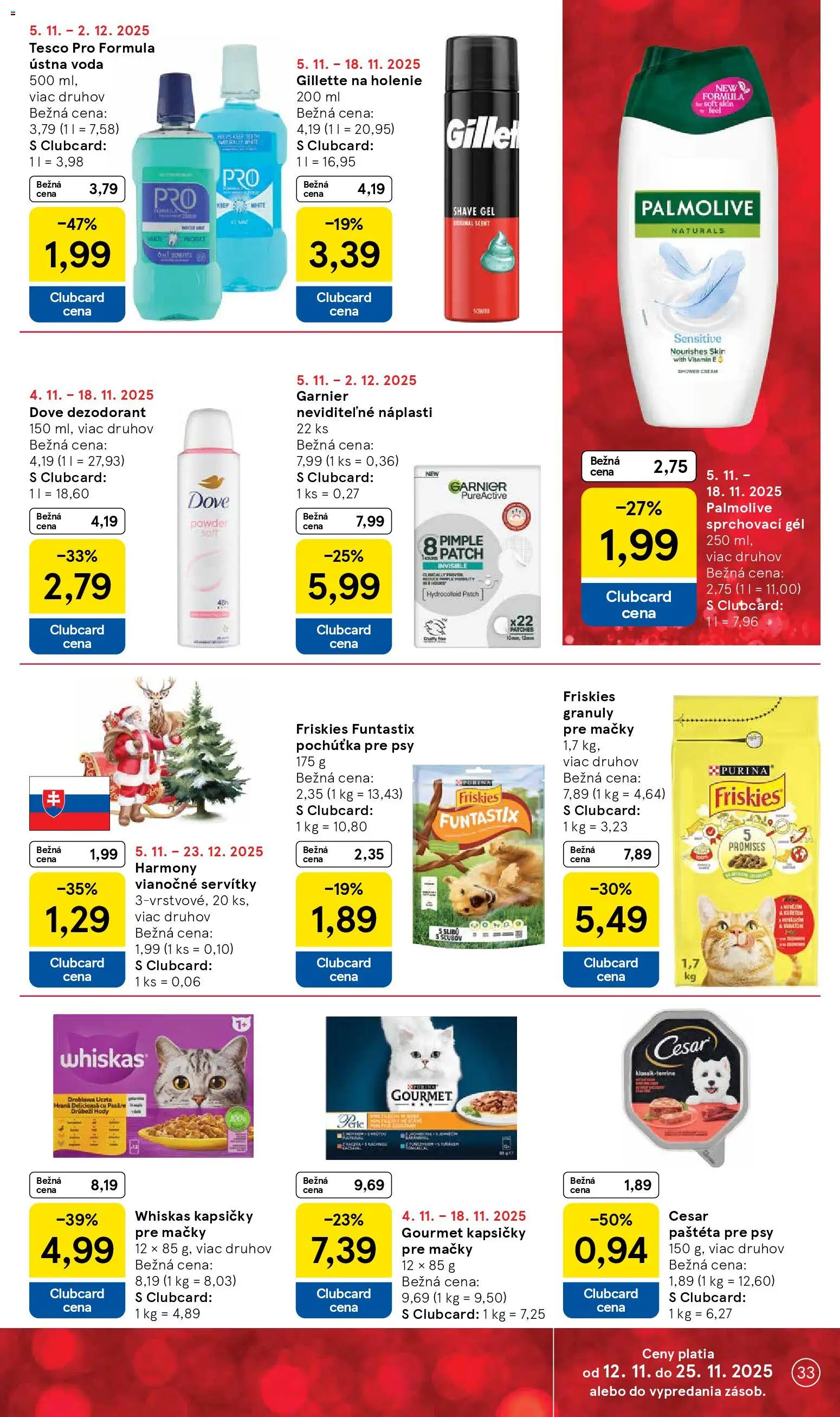 Nové Tesco akcie – leták je platný od 12.11.2025 | Strana: 33 | Produkty: Dezodorant, Ústna voda, Whiskas, Voda