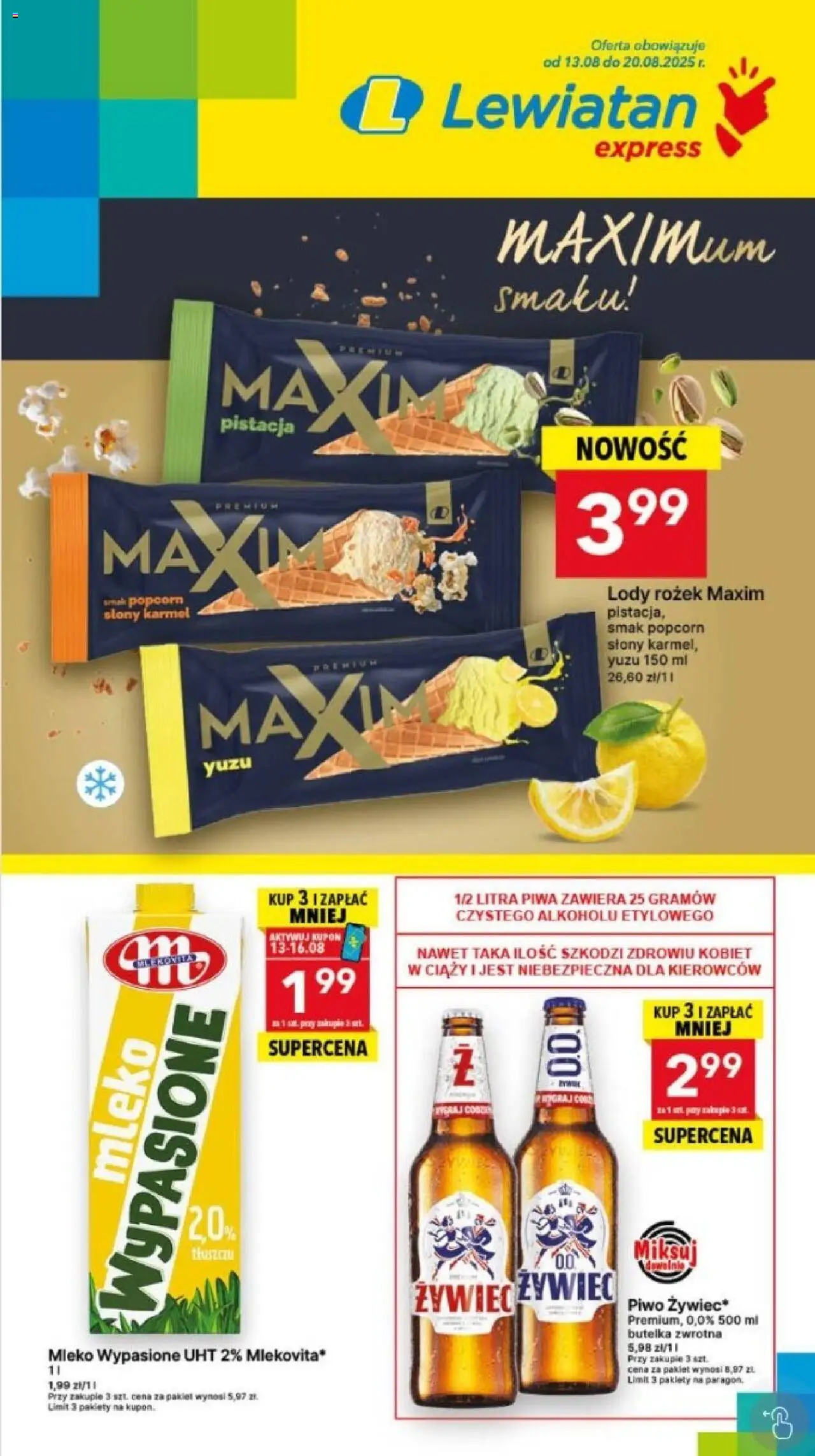 Lewiatan gazetka - Express od 13.08.2025 | Strona: 1 | Produkty: Mleko wypasione, Mleko, Piwo, Lody