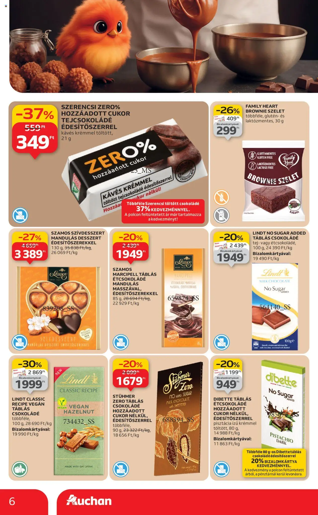 Auchan akciós ujság - amely érvényes a következő dátumtól: 09.10.2025 | Oldal: 6 | Termékek: Pisztácia, Tejcsokoládé, Gluténmentes, Brownie