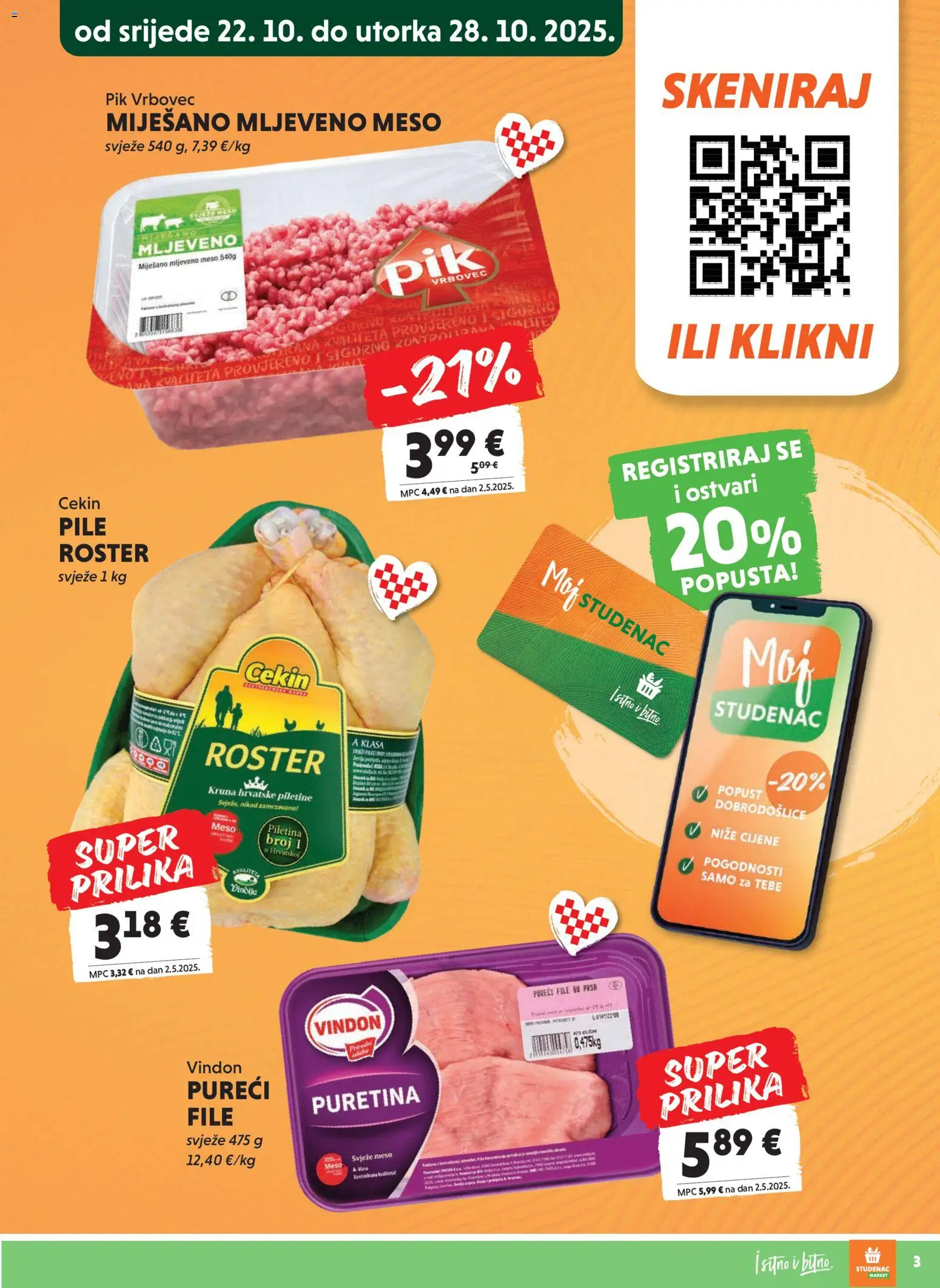 Studenac katalog | vrijedi od 22.10.2025 | Stranica: 3 | Proizvodi: Puretina, Meso, Piletina, Mljeveno meso