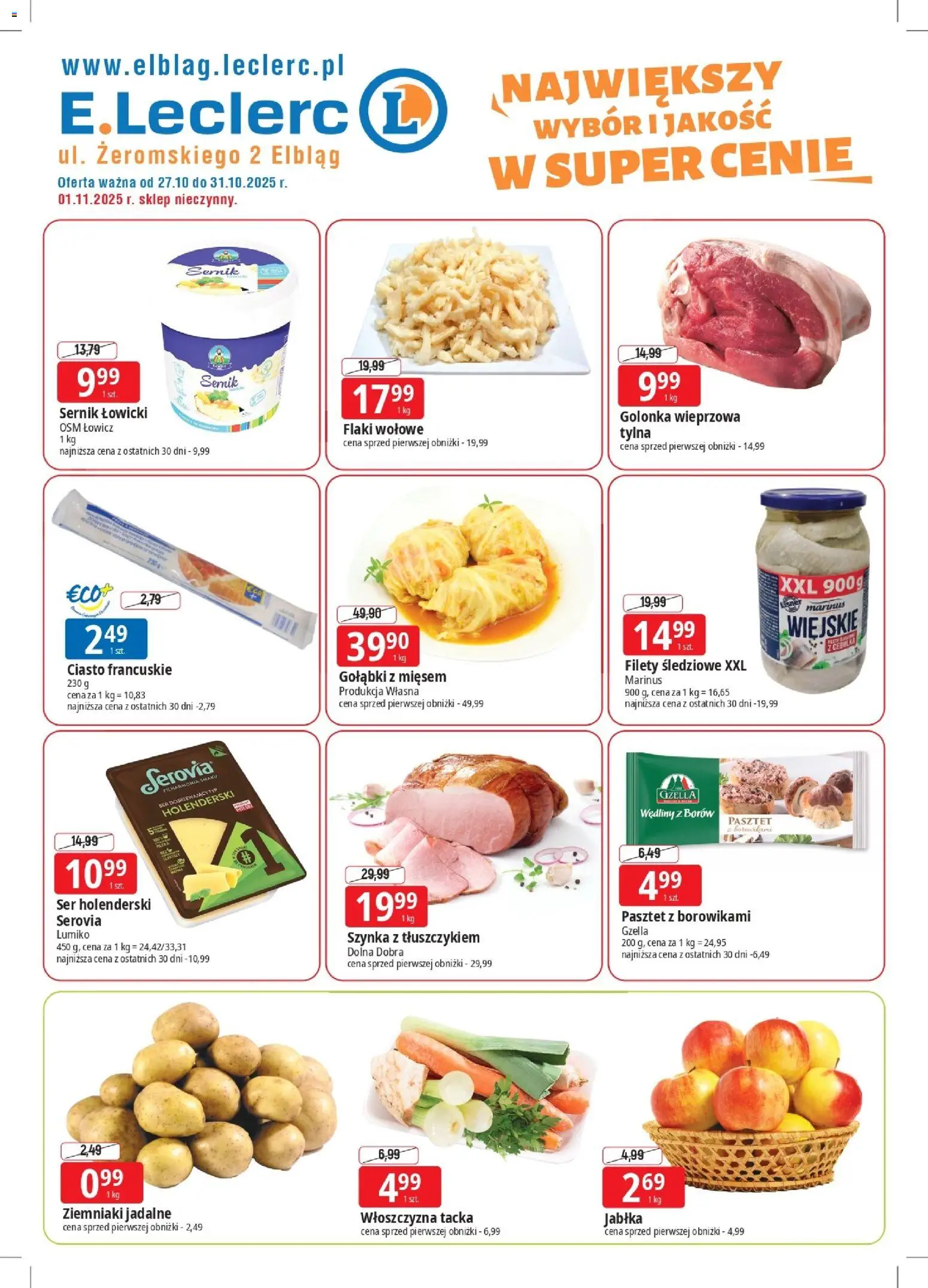 E.Leclerc Gazetka - Elbląg od 27.10.2025 | Strona: 1 | Produkty: Szynka, Wędliny, Jabłka, Ziemniaki