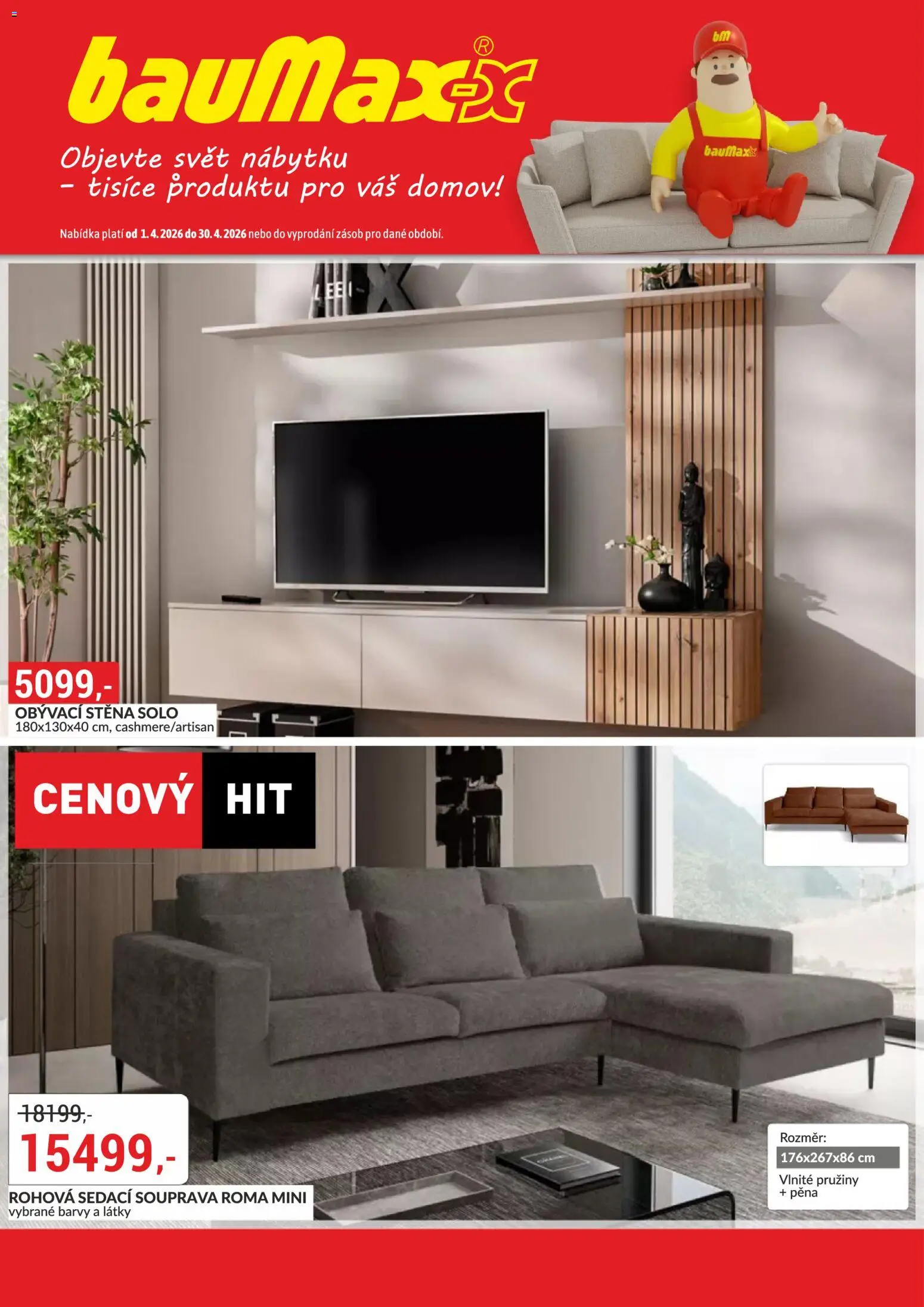 BAUMAX leták - Objevte svět nábytku od 01.04.2026 | Strana: 1 | Produkty: Sedací souprava, Obývací stěna, Barvy