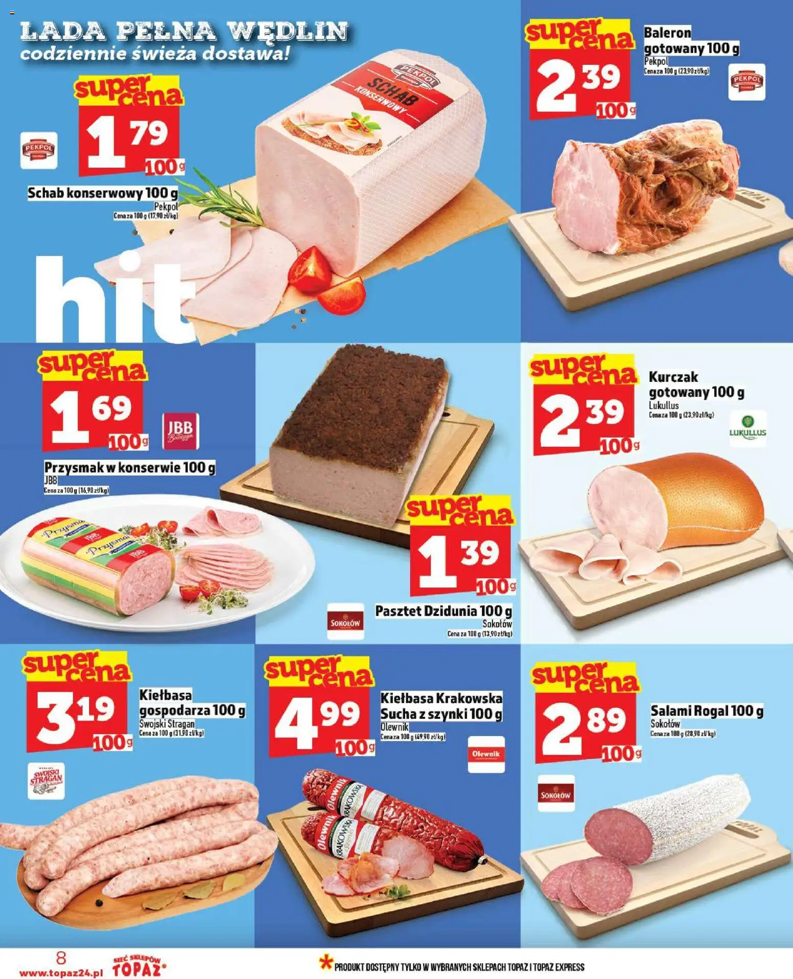 Topaz Gazetka MAZ od 20.11.2025 | Strona: 8 | Produkty: Kiełbasa, Kurczak, Schab, Salami