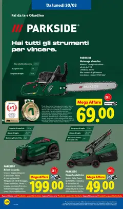Anteprima del volantino PARKSIDE Motosega a benzina, Motore a 2 tempi raffreddato ad aria da 2 kW Cilindrata: 53 cm³ Max. numero di giri motore (con lama e catena): 11 500 min¹ valido a partire dal 30.03.2026 | Pagina: 30 | Prodotti: Motosega, Cavo, Robot, Batteria