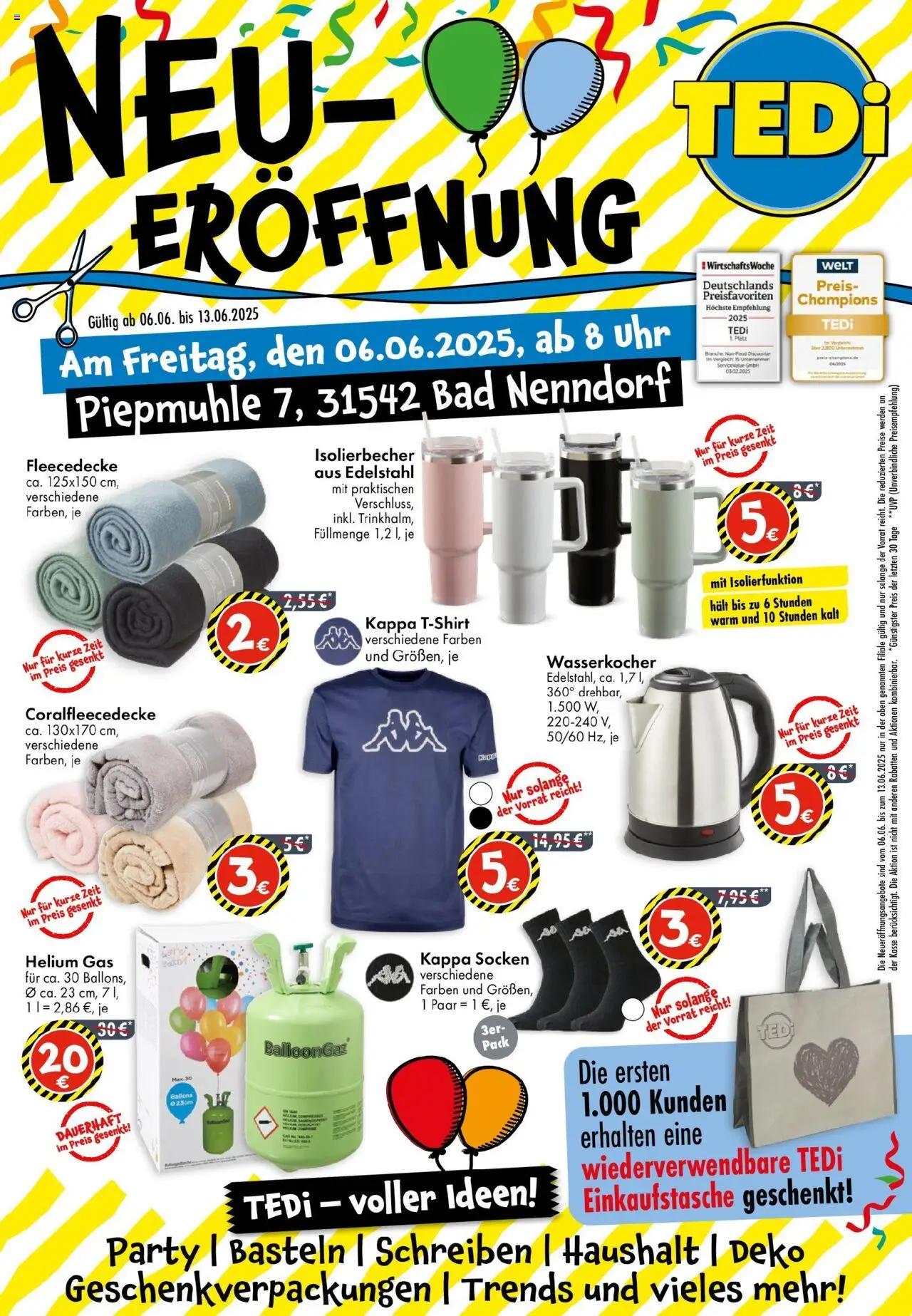 TEDi - TEDi Neueröffnung in Bad Nenndorf - gültig ab dem 06.06.2025 | Seite: 1 | Produkte: Wasserkocher, Bad, Socken, Uhr