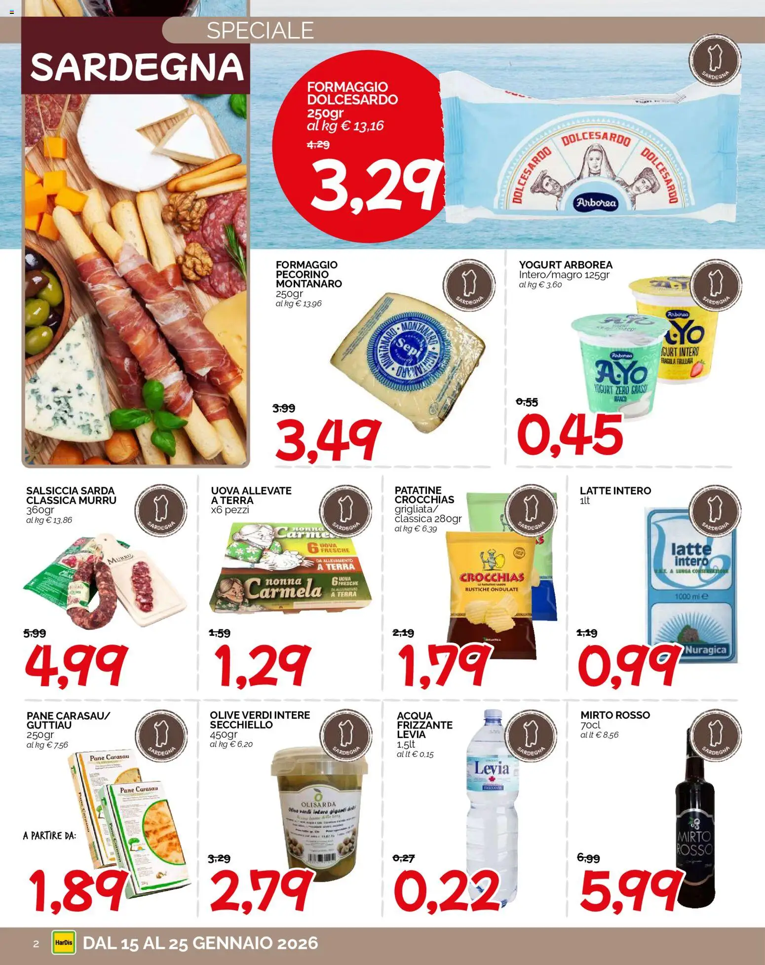 Volantino HarDis del 15.01.2026 | Pagina: 2 | Prodotti: Yogurt, Acqua, Olive, Salsiccia