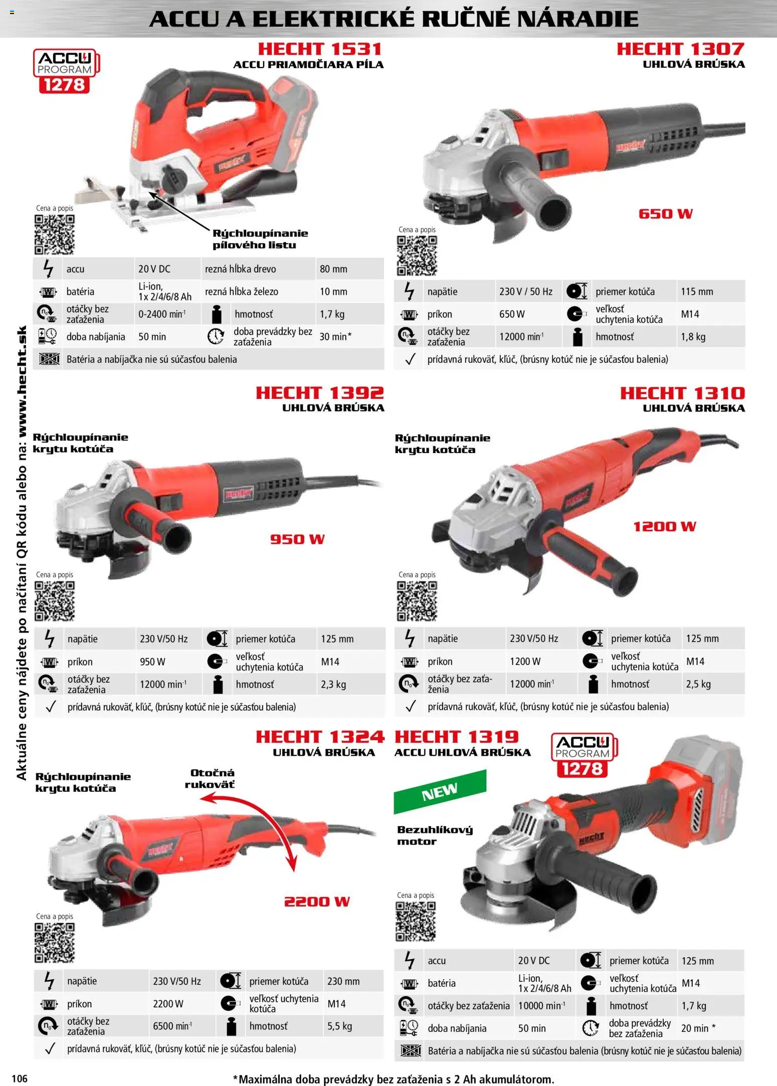 Nové Hecht akcie – leták je platný od 30.10.2025 | Strana: 106 | Produkty: Píla, Náradie, Uhlová brúska, Nabíjačka