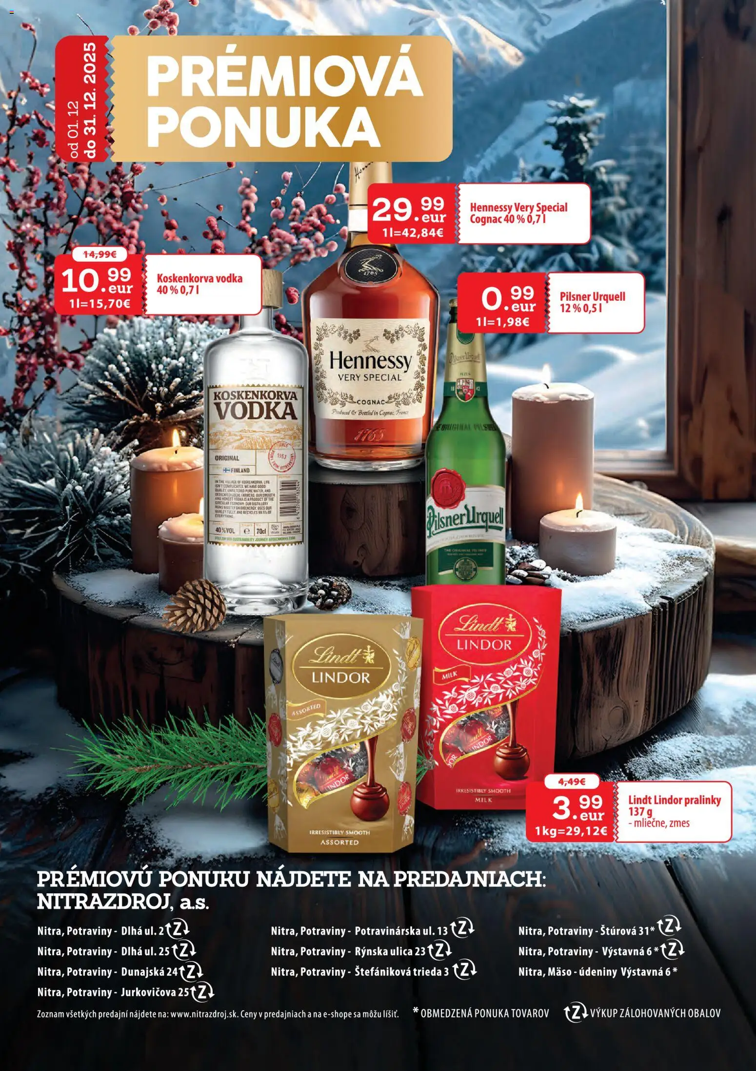 Nové Nitrazdroj akcie – leták je platný od 01.12.2025 | Strana: 27 | Produkty: Pilsner Urquell, Lindor, Lindt, Hennessy