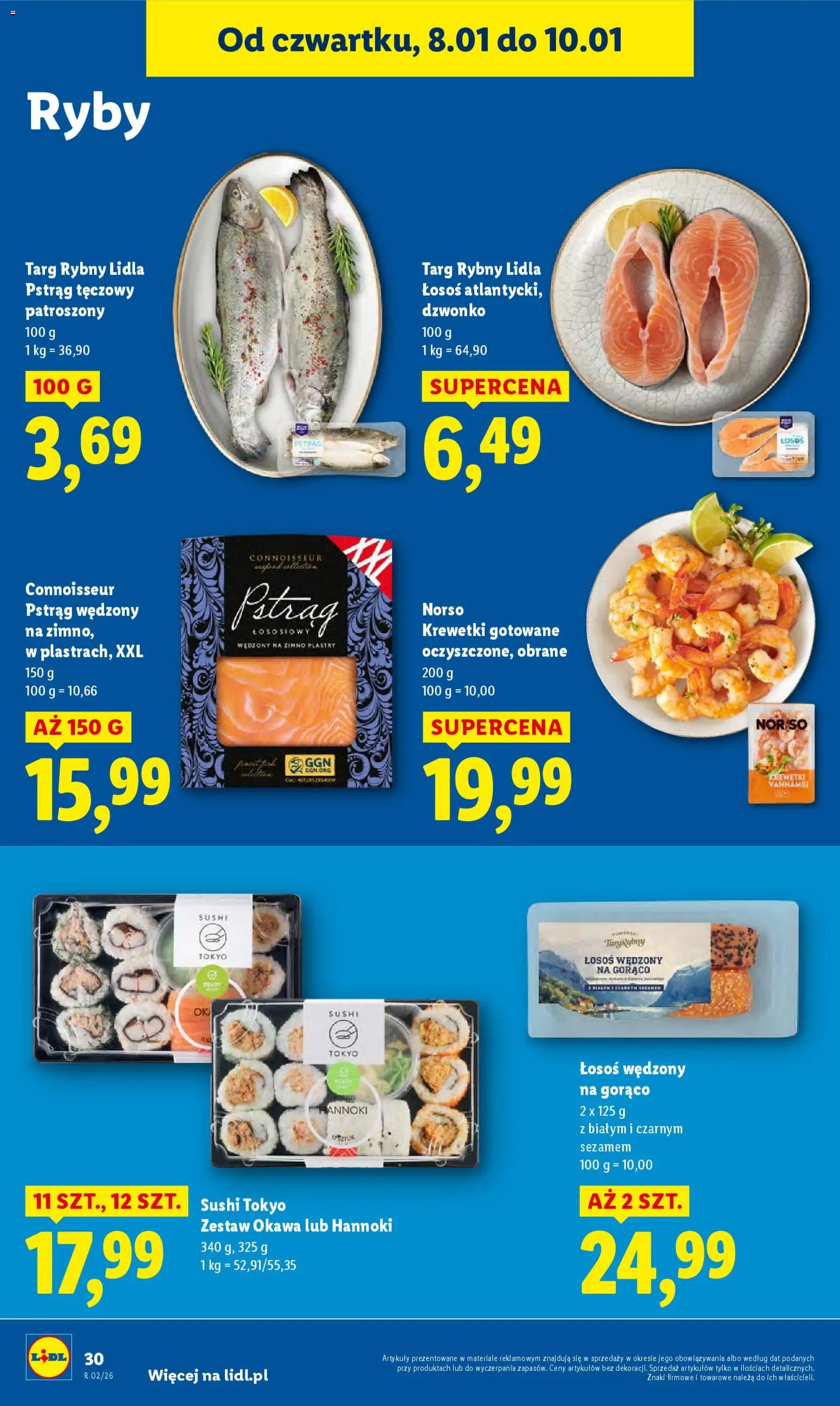 Lidl Gazetka od 08.01.2026 | Strona: 30 | Produkty: Pstrąg, Łosoś, Sushi, Krewetki vannamei