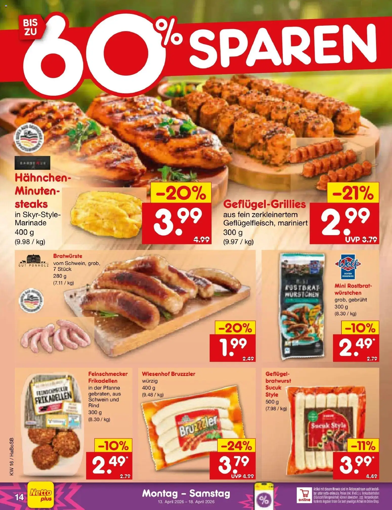 Netto Marken-Discount Prospekt Wuppertal	 – gültig ab 13.04.2026 | Seite: 16 | Produkte: Hahnchen, Bratwurst