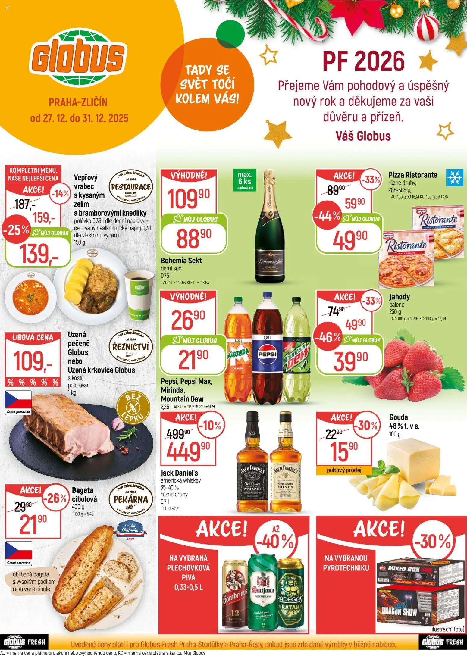 Globus leták - Praha Zličín od 27.12.2025 | Strana: 1 | Produkty: Pepsi, Sekt, Mountain Dew, Bageta