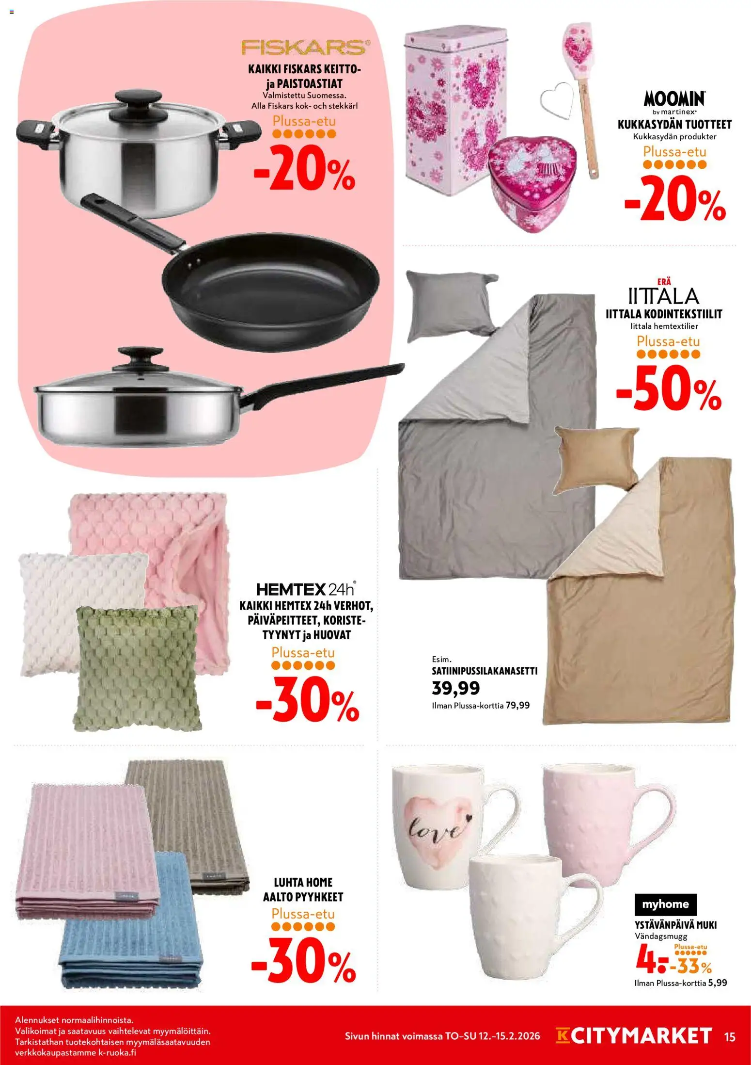 K-Citymarket tarjoukset – voimassa 12.02.2026 alkaen | Sivu: 15 | Tuotteet: Tyynyt, Pyyhkeet, Muki, Keitto