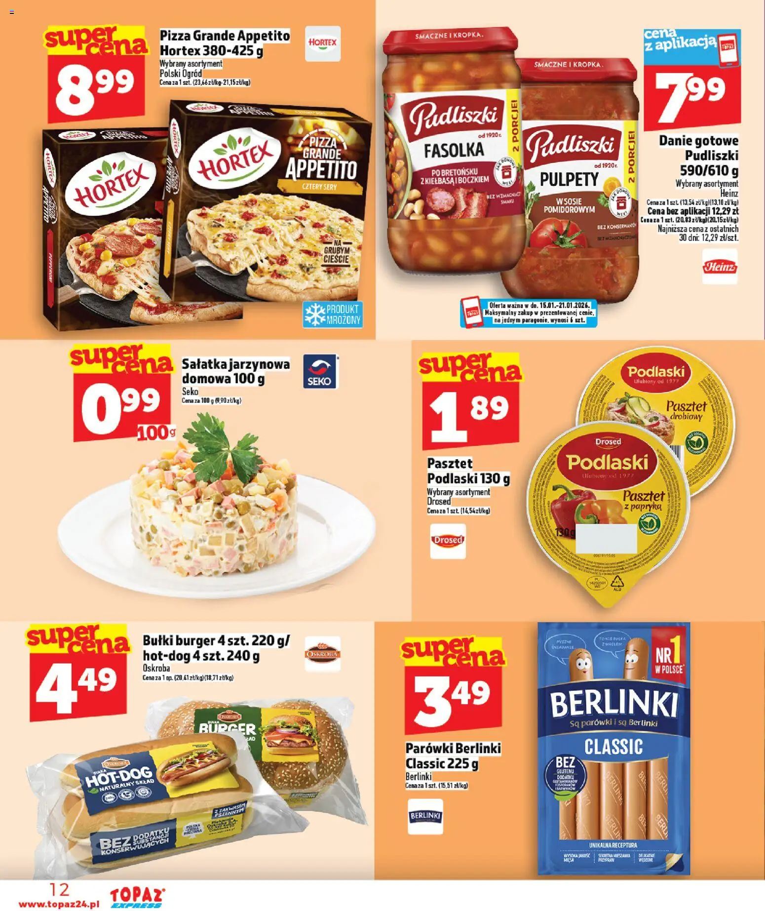 Topaz Gazetka - Express od 15.01.2026 | Strona: 12 | Produkty: Parówki berlinki, Papryka, Sery, Sałatka