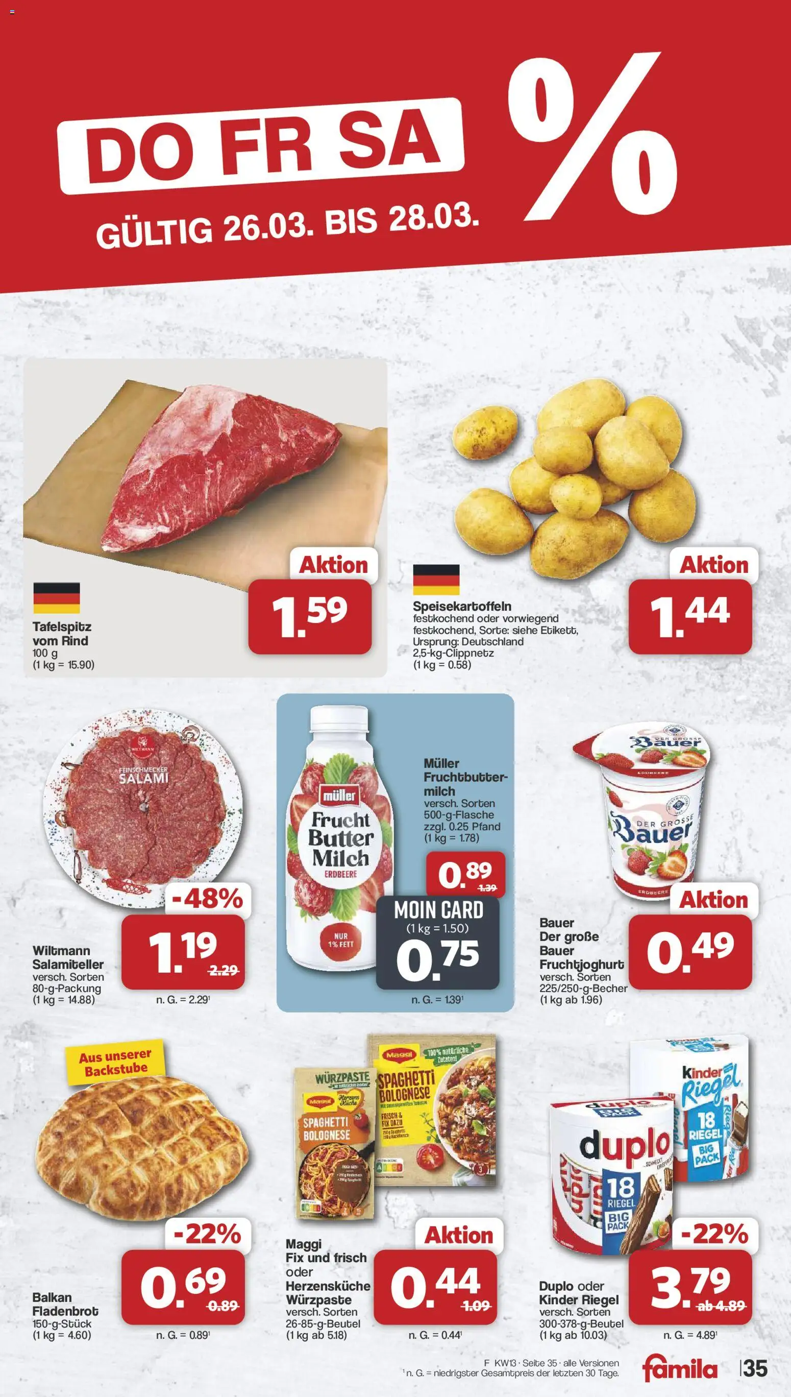 Famila Nordwest Prospekt 	 – gültig ab 23.03.2026 | Seite: 35 | Produkte: Butter, Fruchtjoghurt, Kinder riegel, Salami
