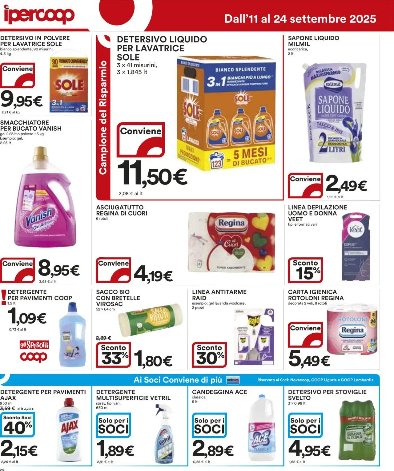 Volantino Ipercoop del 11.09.2025 | Pagina: 24 | Prodotti: Carta igienica, Sapone, Detergente, Lavatrice