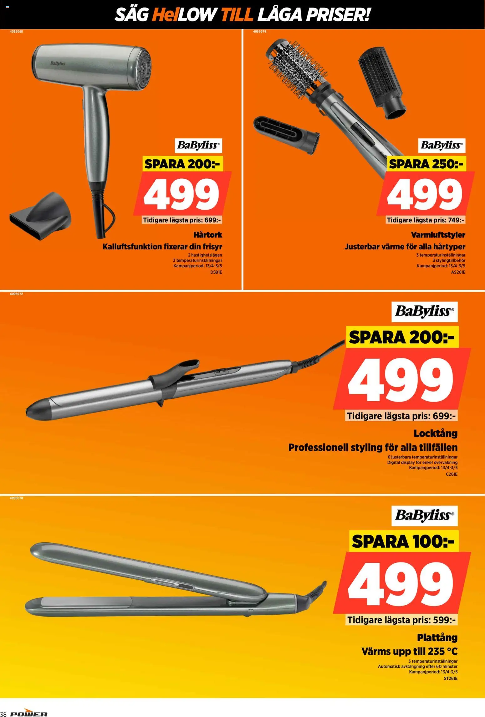 Power reklamblad aktuell från 20.04.2026 | Sida: 38 | Produkter: Locktång, Hårtork, Plattång, Såg