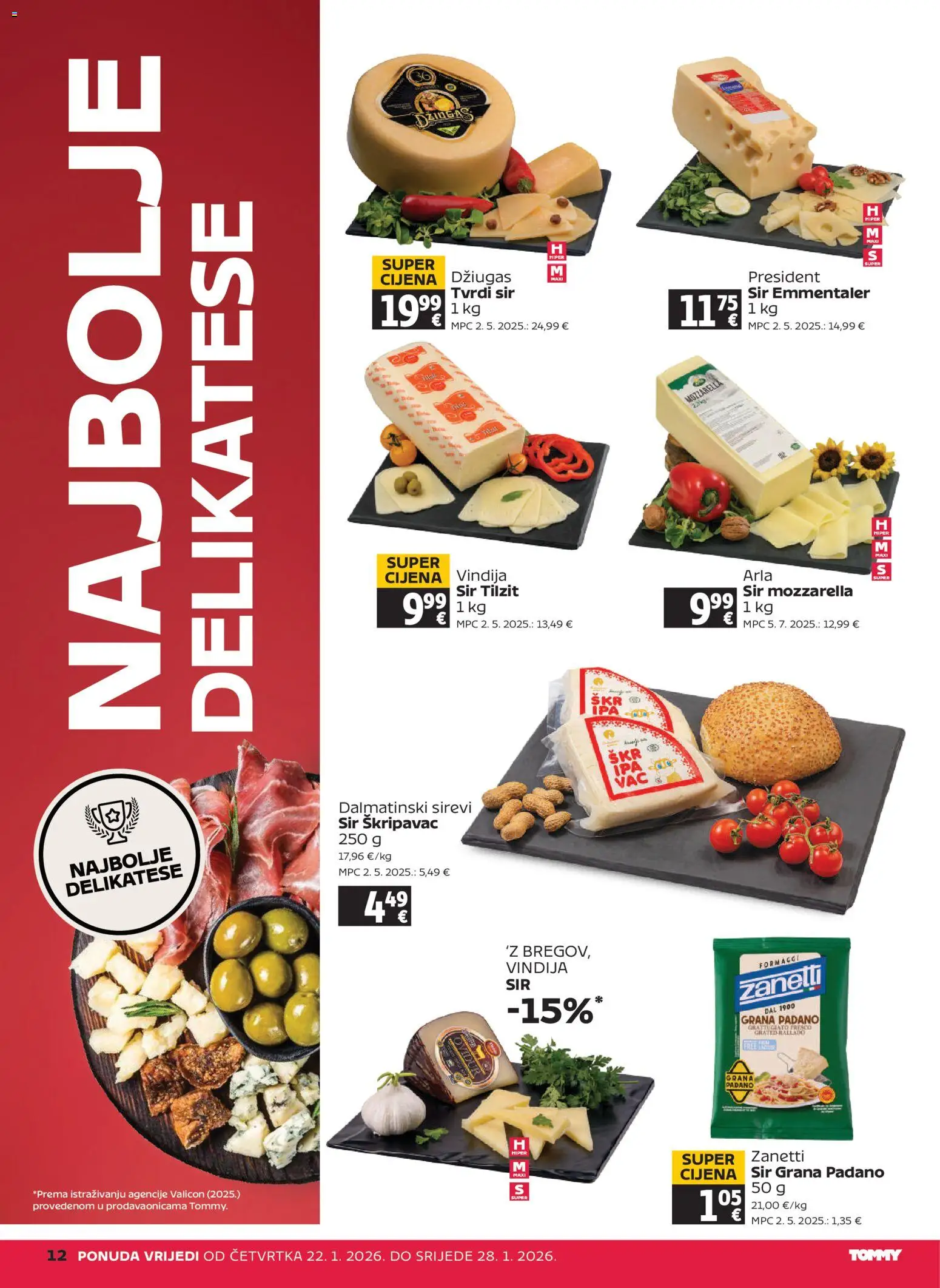 Tommy katalog | vrijedi od 22.01.2026 | Stranica: 12 | Proizvodi: Vindija, Grana Padano, Džiugas, Tvrdi sir