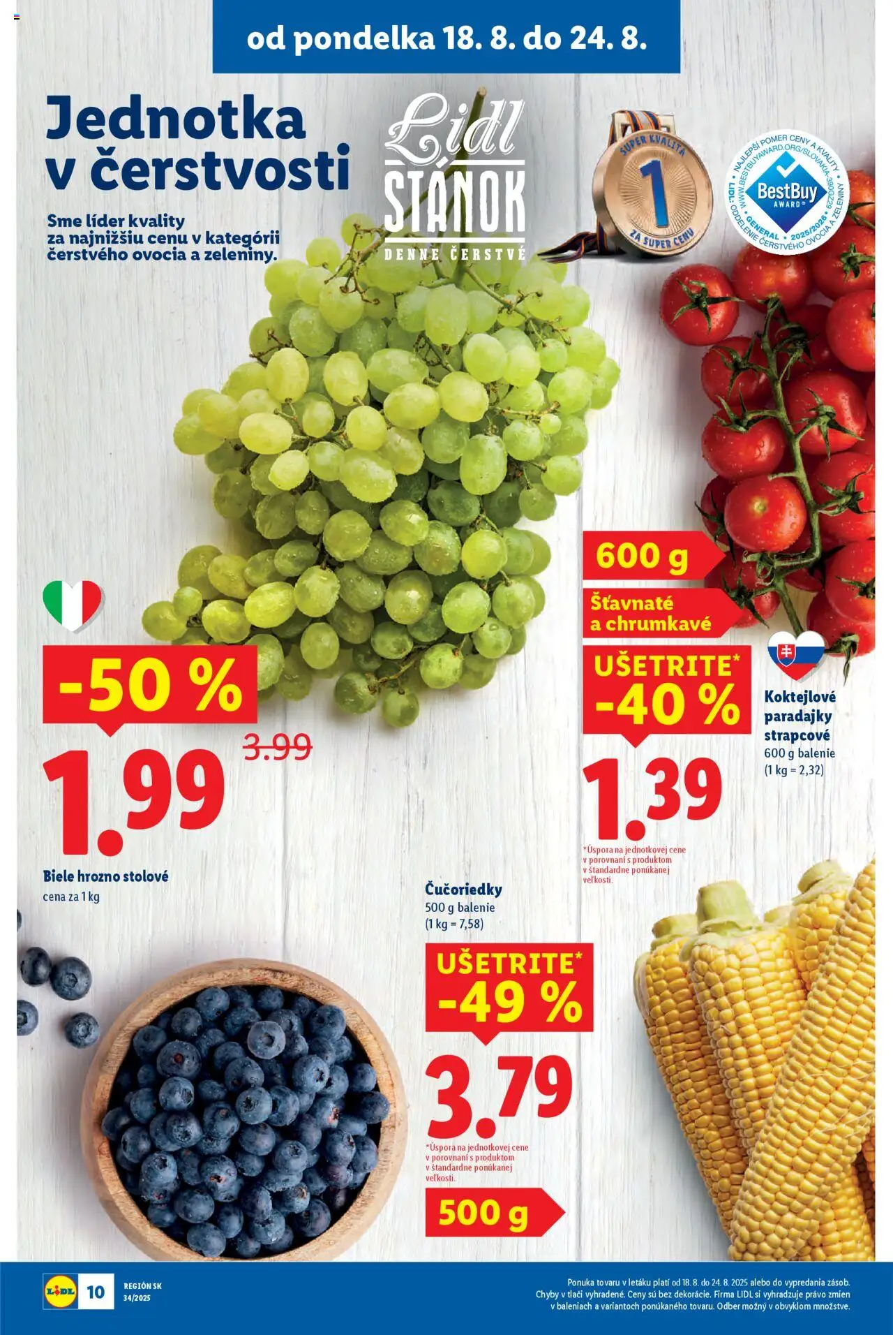 Lidl leták │ platný od 18.08.2025 | Strana: 10 | Produkty: Paradajky, Čučoriedky, Hrozno