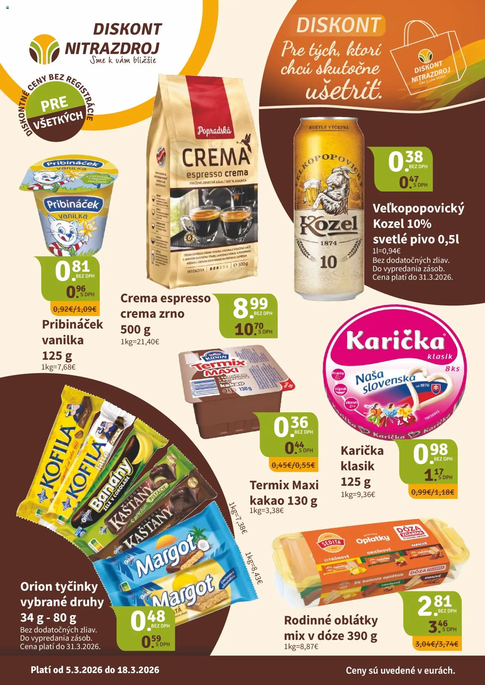 Nové Nitrazdroj akcie – leták je platný od 05.03.2026 | Strana: 1 | Produkty: Káva, Protein, Zrnková káva, Kakao