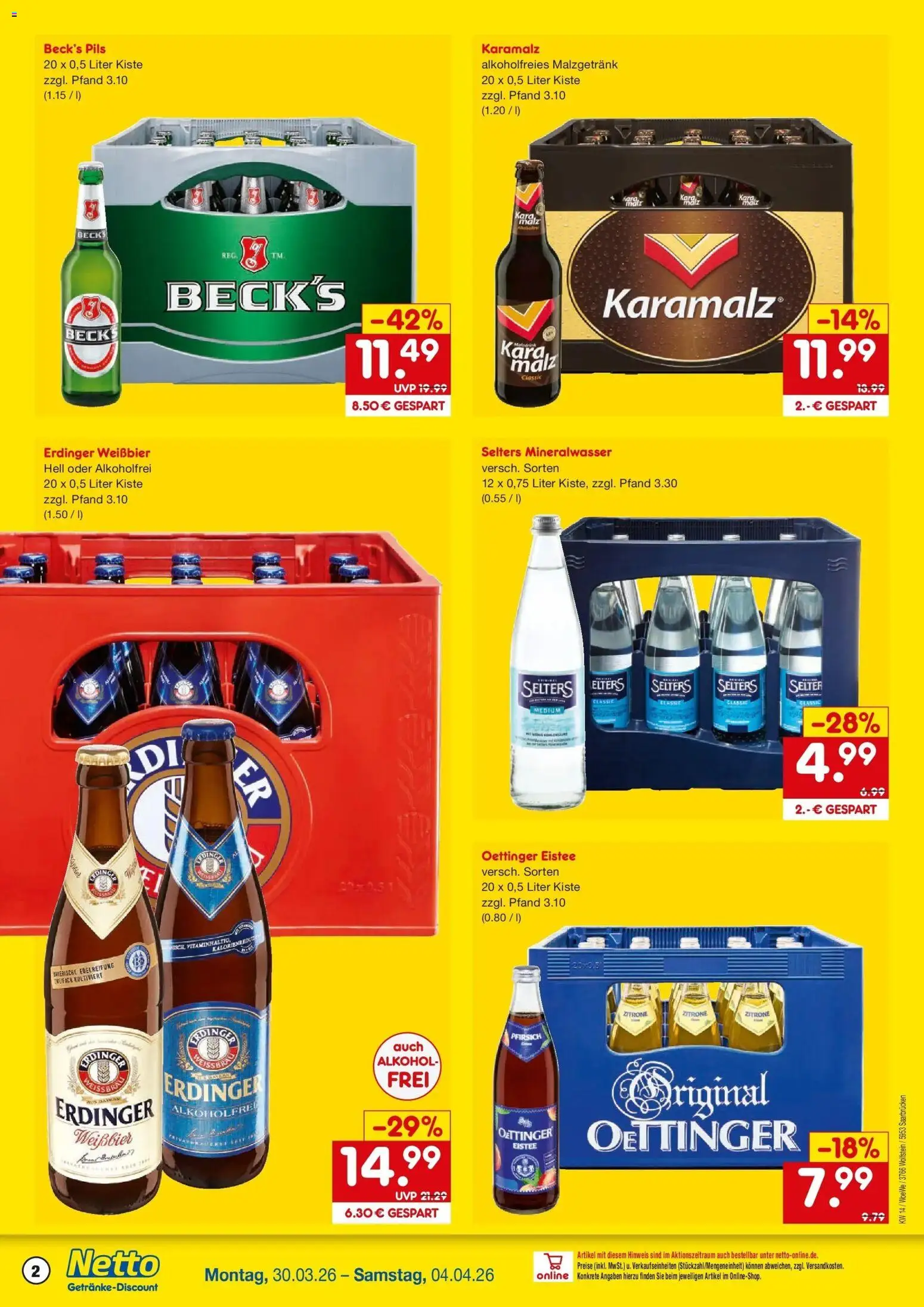 Netto Marken-Discount Prospekt Saarbrücken	 – gültig ab 30.03.2026 | Seite: 2 | Produkte: Oettinger, Mineralwasser, Zitrone, Pfirsich