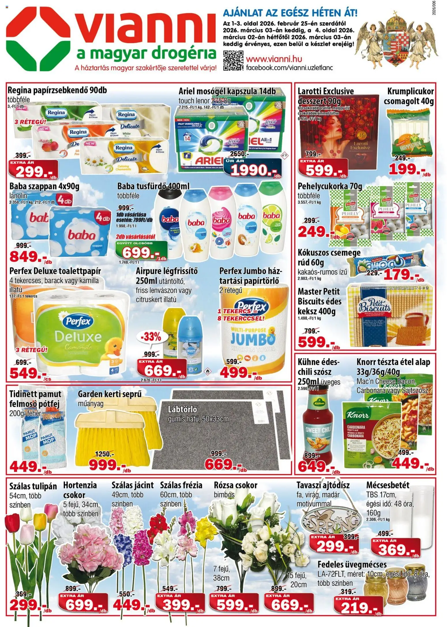 Vianni akciós ujság - amely érvényes a következő dátumtól: 25.02.2026 | Oldal: 1 | Termékek: Meggy, Mosógél, Tejcsokoládé, Tészta