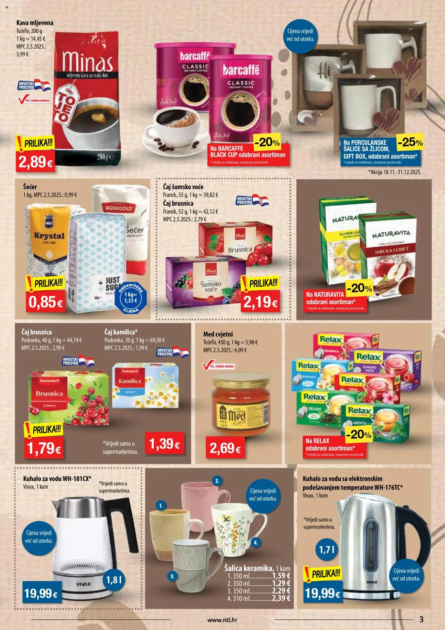 NTL katalog | vrijedi od 19.11.2025 | Stranica: 3 | Proizvodi: Kuhalo za vodu, Med, Čaj, Barcaffe