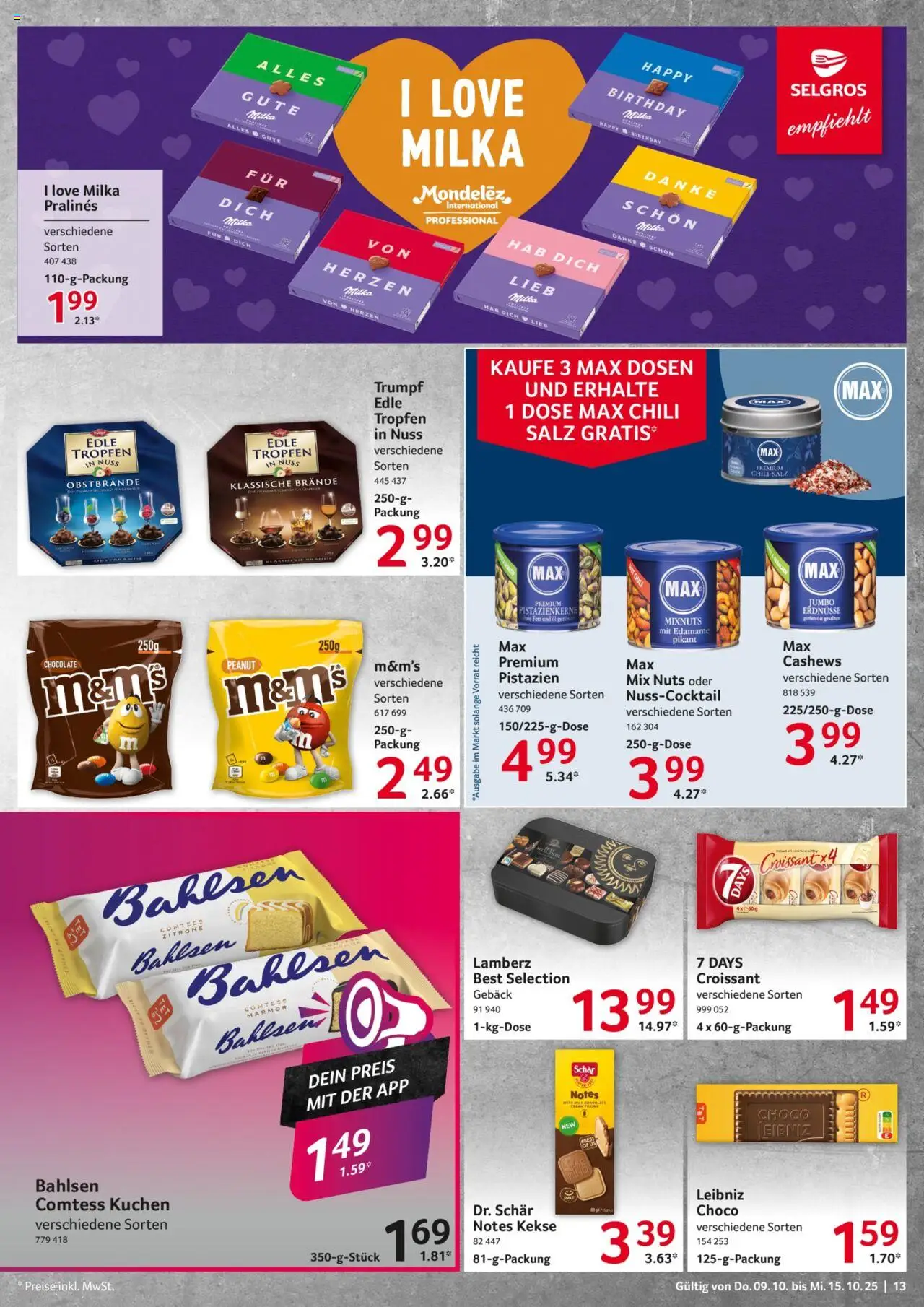Selgros Prospekt 	 – gültig ab 09.10.2025 | Seite: 13 | Produkte: Milka, Pistazien, Croissant, Salz