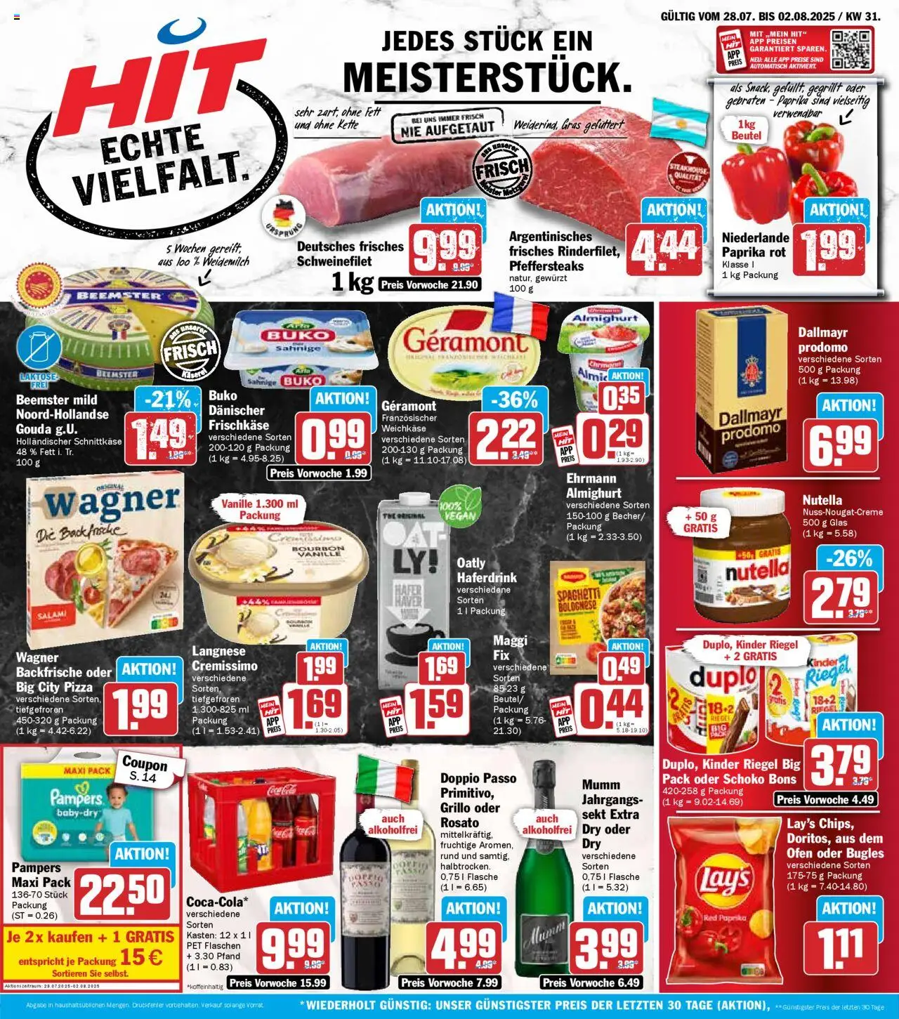 HIT Prospekt 	 - gültig ab dem 28.07.2025 | Seite: 1 | Produkte: Schweinefilet, Paprika, Doppio Passo, Frischkase