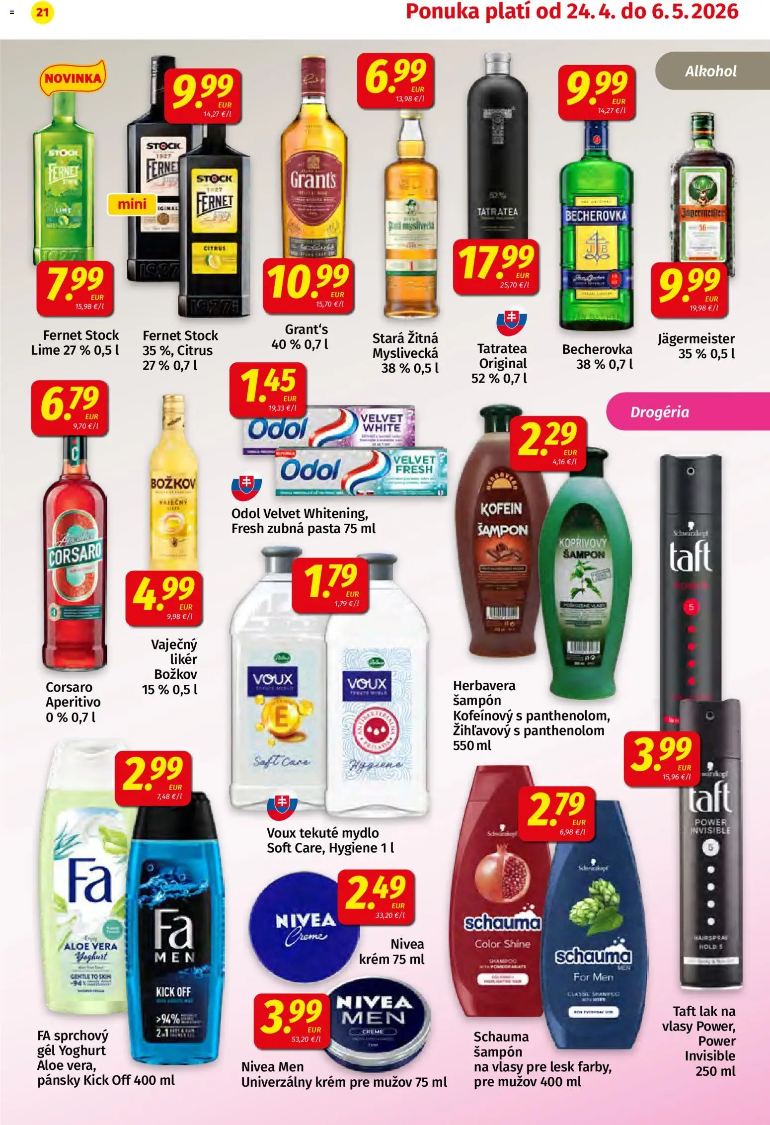 Nové Koruna akcie – leták je platný od 24.04.2026 | Strana: 21 | Produkty: Becherovka, Božkov, Zubná pasta, Krém