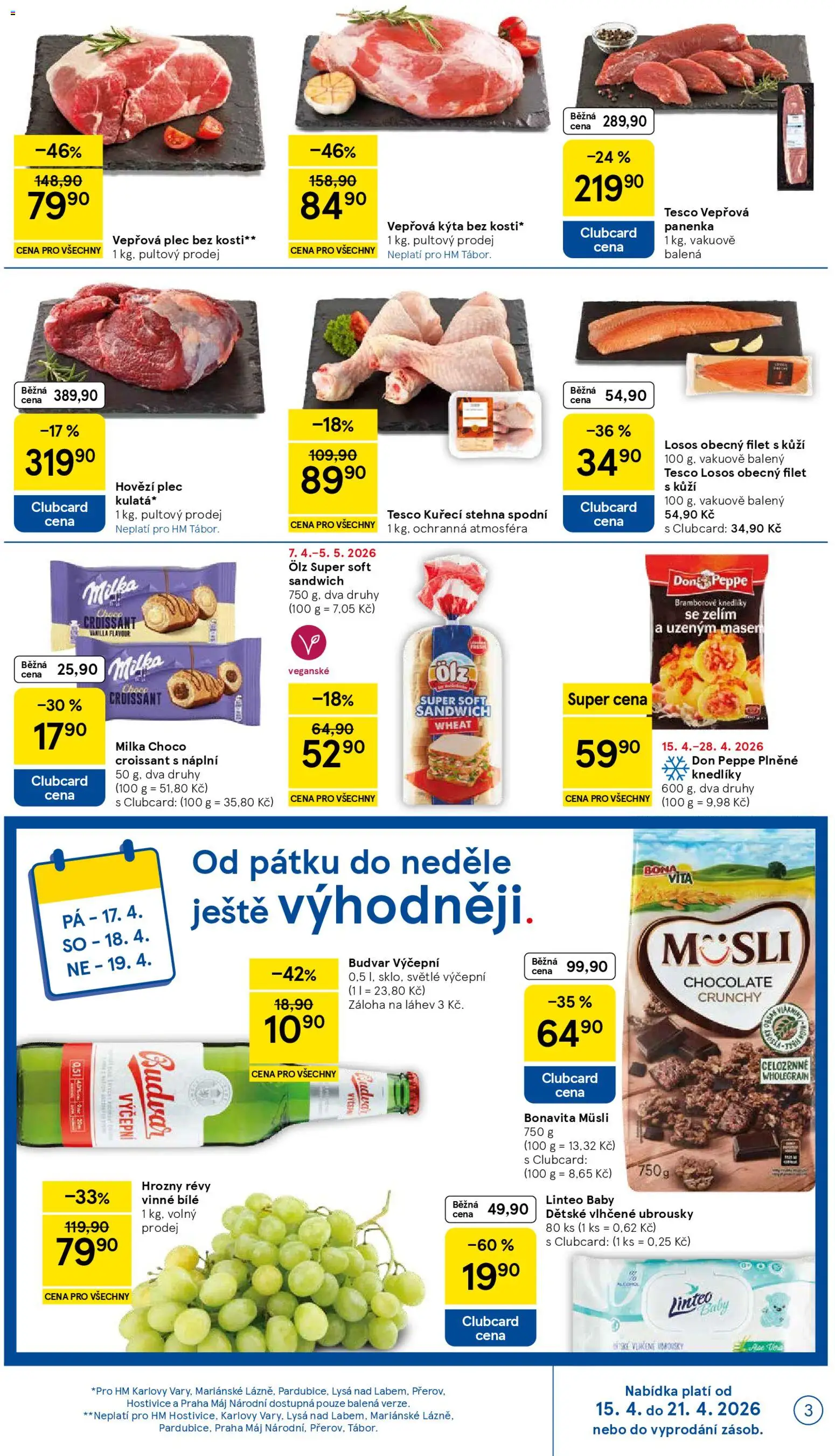 Tesco leták - Hypermarket od 15.04.2026 | Strana: 3 | Produkty: Vlhčené ubrousky, Panenka, Kýta, Hrozny