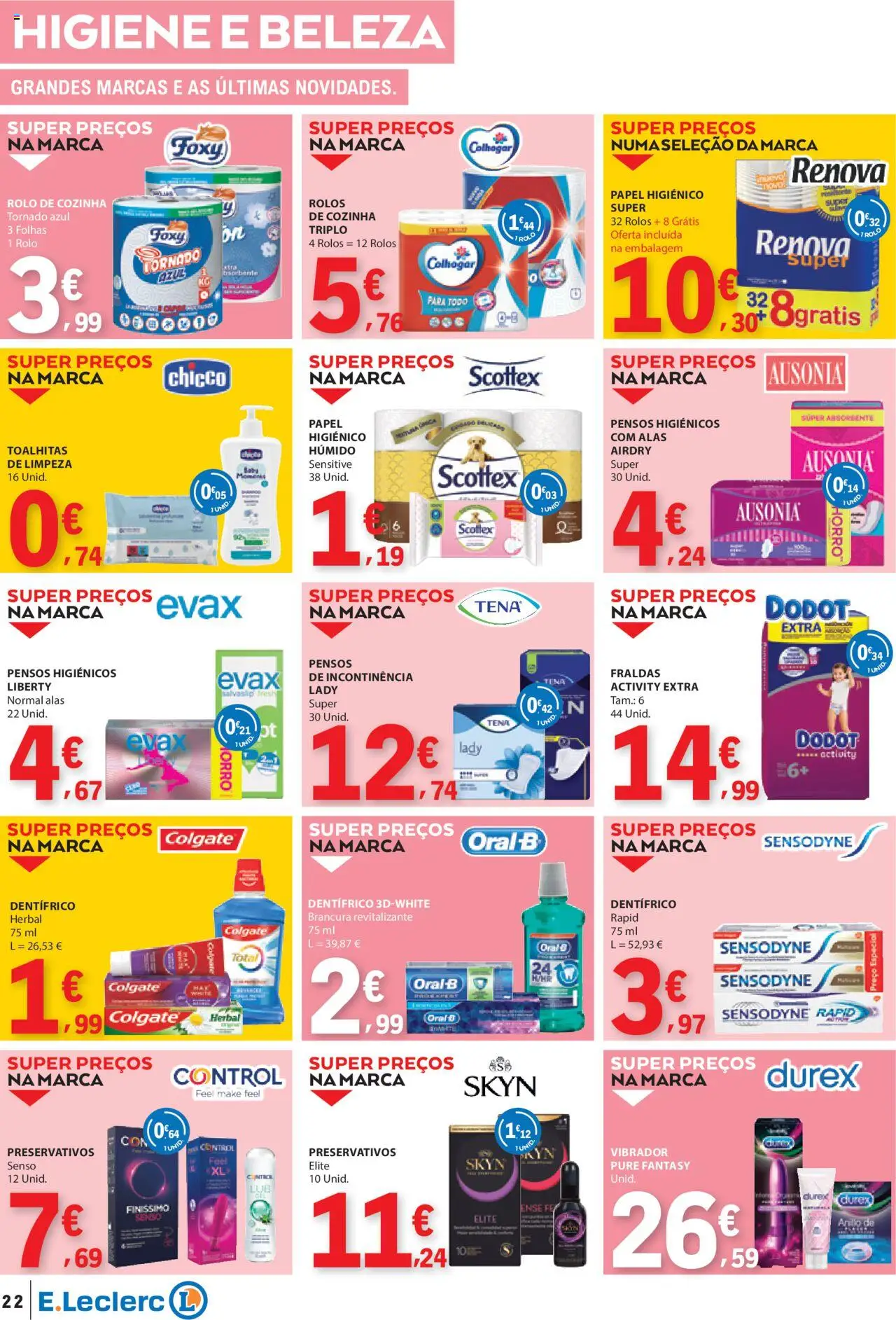 E.Leclerc folheto │ válido de 14.08.2025 | Página: 22 | Produtos: Papel higiénico, Pensos higiénicos, Fraldas, Preservativos